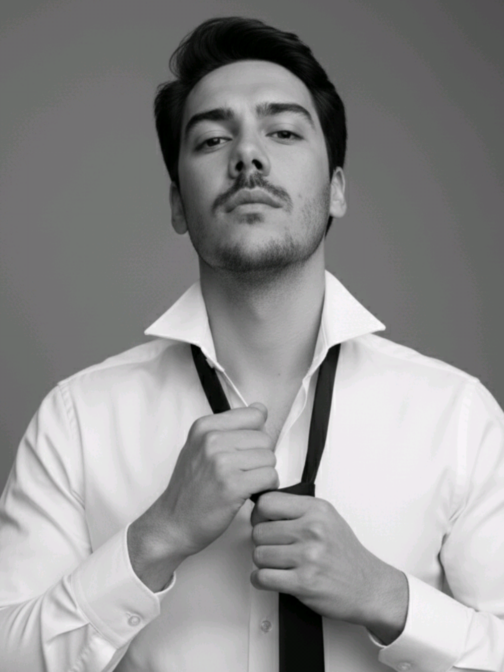 40° 😏😅 . Prompt: A cinematic black-and-white portrait of a young man, framed from the waist Up, with a low-angle shot. He slightly lowers his head, eyes looking down at the camera, evoking a sense of mystery and allure. His outfit: a white shirt with a loosely tied black tie, creating a strong contrast and dramatic flair. The light shines from above, clear yet balanced, not too dark, highlighting the contours of his face and the details of the shirt. The chiaroscuro effect is kept moderate, adding depth while ensuring the image remains bright, clear, and sharp. High detail, with distinct separation between light and shadow areas, yet without obscuring the outlines. The background is minimalist, slightly blurred to focus on the subject.#aigemini #ia #fy #gemini #ensaio 