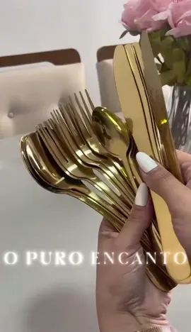 Conjunto de talheres Completo 24 peças, dourado.Sua mesa posta com elegância e estilo ✨ #mesaposta #talheresdourados #utensiliosdecozinha 