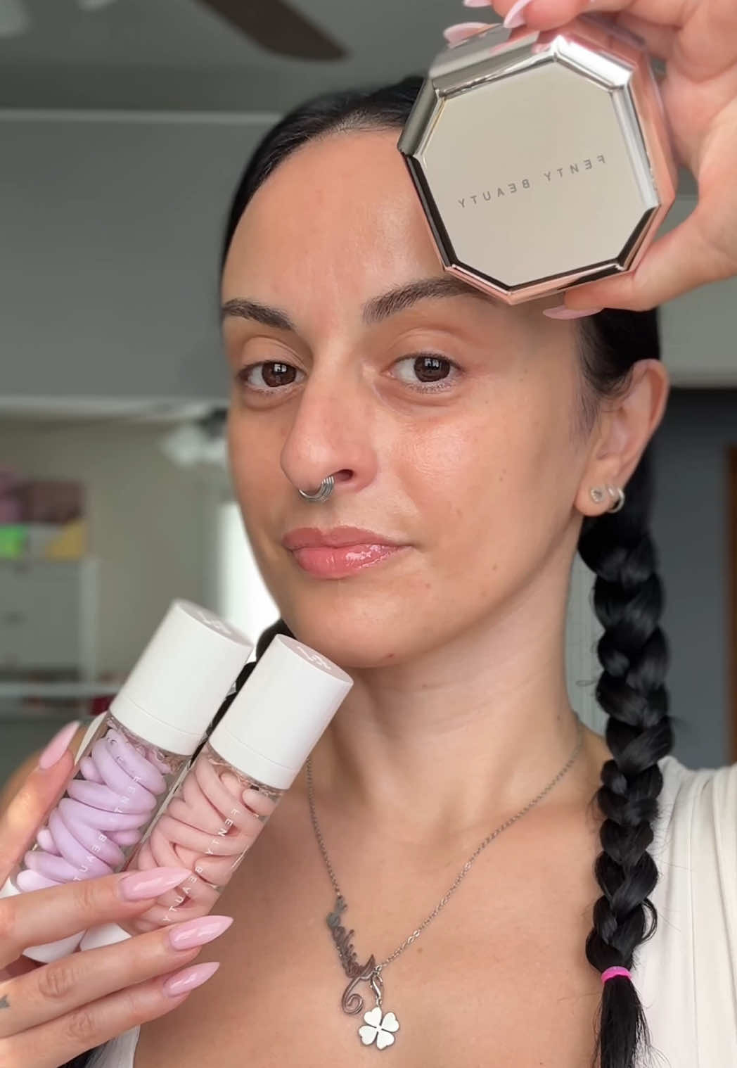 👑Prep and Set with @Fenty Beauty 👑 GIFTED #griptripprimer #setitdownpowder I've been playing around with the new Fenty Beauty Grip Trip Hydrating Primer and let me just say... my skin is obsessed. C This primer feels like a cooling splash of hydration the second it touches your skin: it smooths everything out, minimizes dry patches, and really grips onto foundation so it applies seamlessly and lasts all day. It's lightweight, comfortable, and gives that fresh, plump, dewy look without ever feeling sticky. To lock it all in, l've been reaching for the new Fenty Beauty Set It Down Superfine Blurring Setting Powder in Lavender (made for light with cool undertones) and wow... it takes the finish to another level. It instantly blurs, softens, and brightens while still keeping the skin looking natural and never cakey. I love how finely milled it is: it feels like nothing on the skin, yet makes such a visible difference. Together, this duo has been a game-changer for my makeup routine. A hydrating base + a blurring set = that perfect balance of glow and longevity. If you've been looking for products that give your makeup a smooth, soft-focus finish without sacrificing hydration, these two are definitely worth adding to your collection. #fentybeauty #fentyface #dreamingofhell