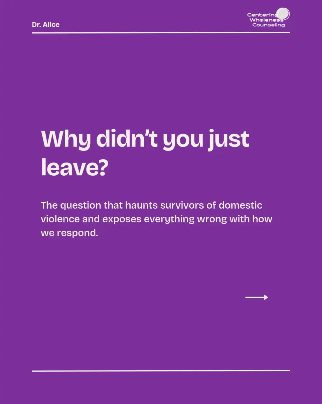❌ “Why didn’t you just leave?” This question doesn’t help survivors. It exposes how we’ve built systems that abandon them. I’ve worked with Black survivors, queer survivors, and criminalized survivors and every step revealed one truth: the systems designed to protect are the same systems failing them. 💔 Anti-violence programs can’t meet basic needs. ⚖️ The legal system punishes survival. 👥 Communities blame survivors instead of abusers. The deepest wound? Survivors are blamed no matter what choice they make. This Domestic Violence Awareness Month, I’m not just reflecting. I’m challenging us to do better. Because real change begins when we stop asking survivors why they stayed — and start asking ourselves what we’re doing to change a rigged system. 📌 Save + Share to challenge stigma. 👂 What will you do differently? . #DrAlice #domesticabuseawareness #domesticviolencesurvivor #domesticviolenceawarenessmonth #DVAM2025 