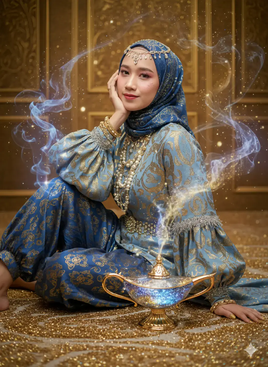 Buat gambar menggunakan wajah asli 100%. Jangan berubah. Wanita adalah karakter fantasi gaya indonesia Nada utama adalah biru keemasan. Warna terang-gelap. Suasana romantis dan fantasi. Set Kemeja panjang, lengan panjang Tertutup, Dekorasi Tinsel Renda atau Perak, Dengan Pola Pent Biru Emas Lengan split-piece. Terbuat dari kain tebal ringan, tiup. Celana harem biru cocok dengan kemeja. Kain berkibar. Kumpulkan ujung kaki. Ada pola emas penting di seluruh celana. Jilbab biru emas tebal. Hiasan perhiasan kecil. Perhiasan: Kalung multi-lapis dengan mutiara, kristal dan kalung, perhiasan kepala kecil bertabur berlian, sabuk pinggang bertabur berlian dan manik-manik, gelang emas pergelangan tangan penuh, kuku jari berlapis emas dan kaki bercampur dengan kilau emas. Dihiasi dengan bunga dan permata kecil. Riasan: Kulit Bening Cerah Halus Seperti Mutiara, Mata Nada Merah Muda, Liner Celah Tipis dan Bulu Mata Ringan, Alis Alami, Pipi Merah Muda Muda Muda Muda, Bibir Merah Muda Kemerahan, Berkilau Kecil Di Sekitar Mata dan Pipi Postur: Duduk di lantai dengan lampu kaca fantasi di sampingnya