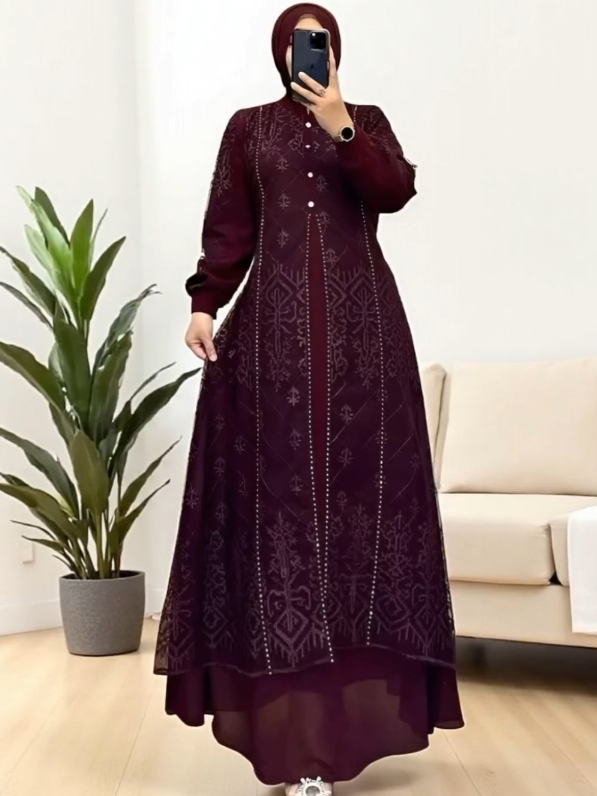 Gamis Brokat 2025 Fitri Dress Brukat Tille Mix Ceruty Babydoll Premium-Gamis Pesta Mewah Terbaru Warna Mahogany Burgundy-Baju Lebaran Idul Fitri Ukuran S M L XL XXL Gaun Kondanga Motif Bunga #GamisBrokat #FashionWanita #OOTDKondangan #GamisPesta #BajuLebaran