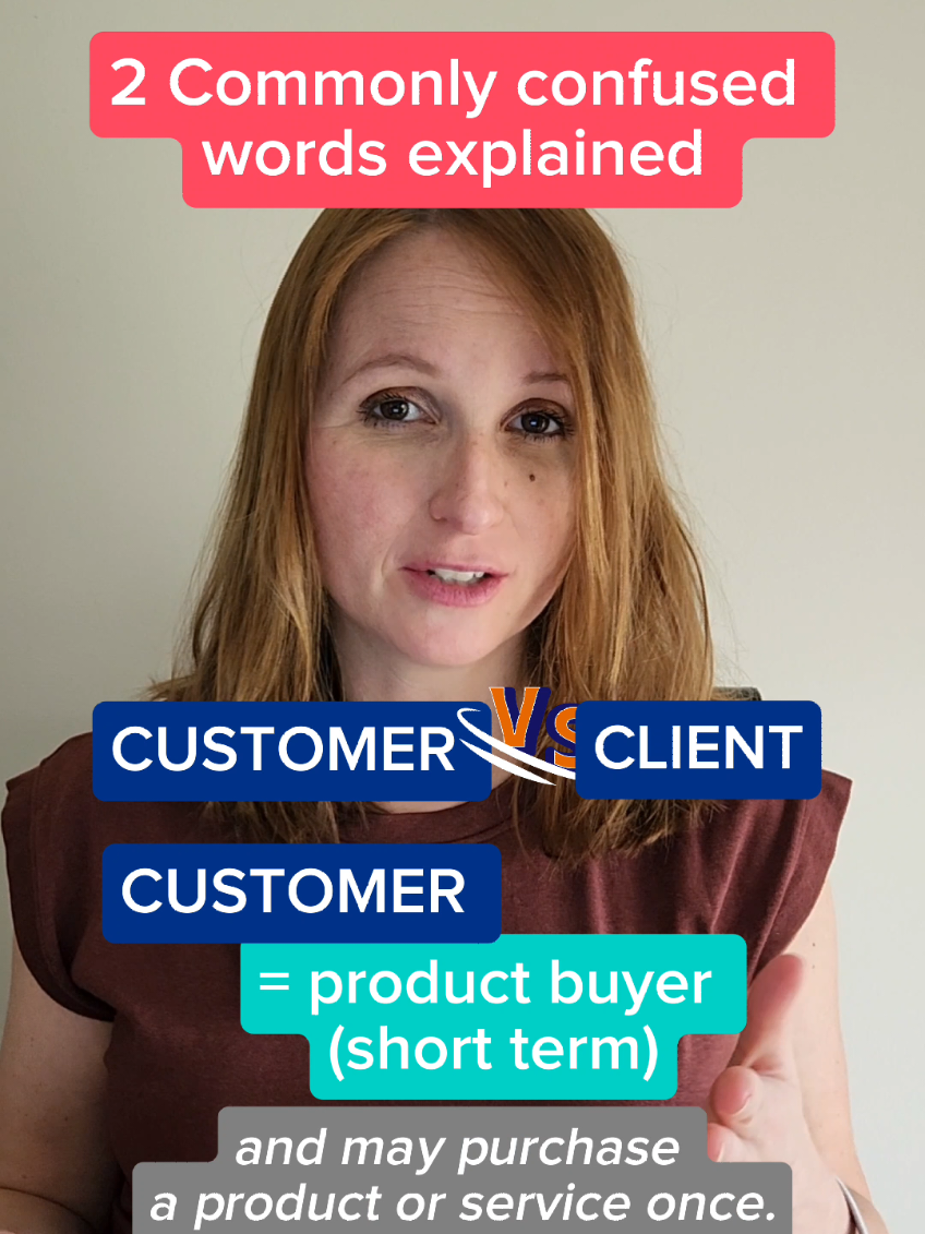 Two Commonly Congused Words Explained - Customer  vs. Client  customer = someone who buys a product/service once or occasionally  client = someone who engages in ongoing relationship with a business.  Did you know the difference?  #english #englishclass #learnenglish 