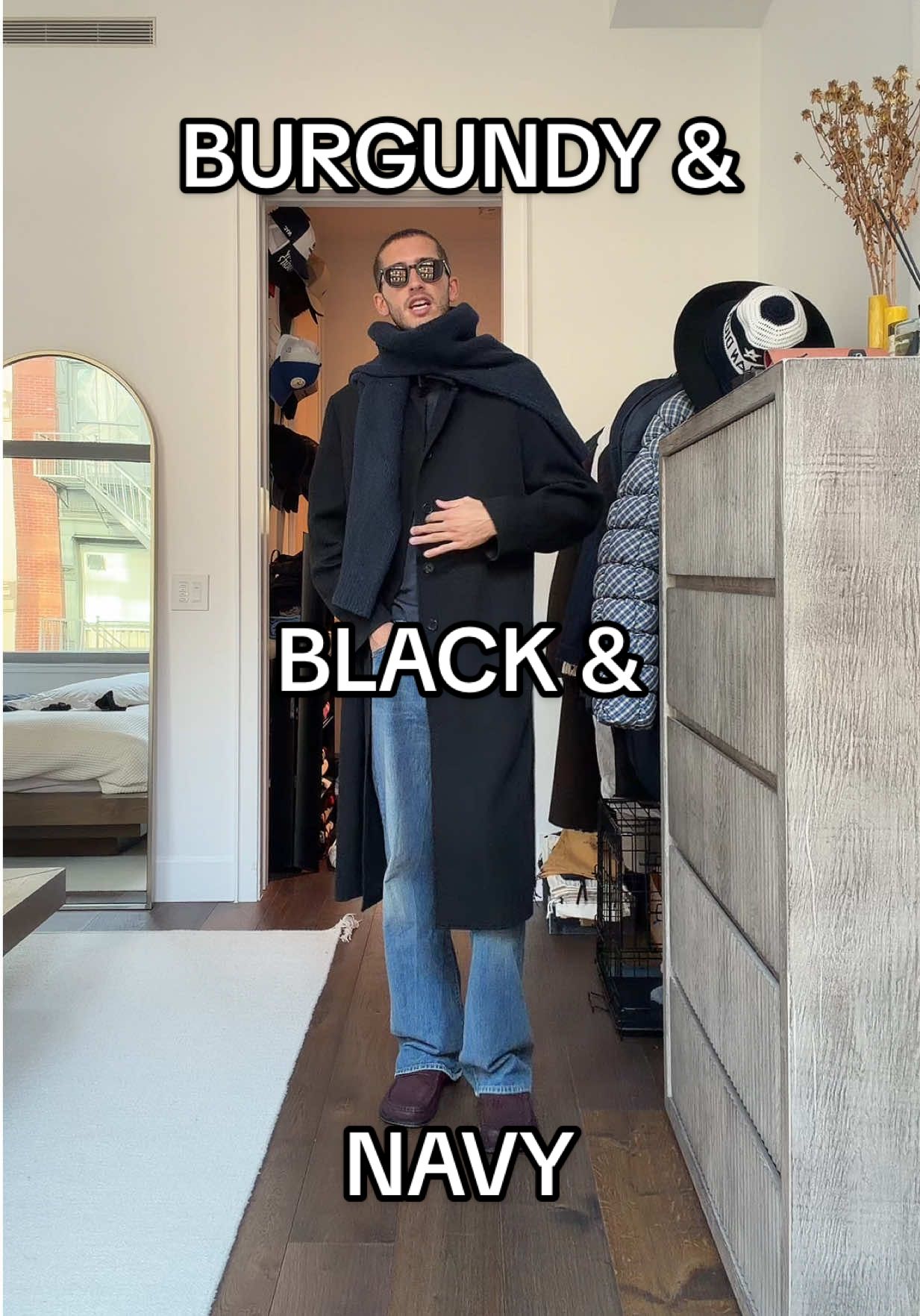 burgundy black navy outfit for the first real day of fall weather 