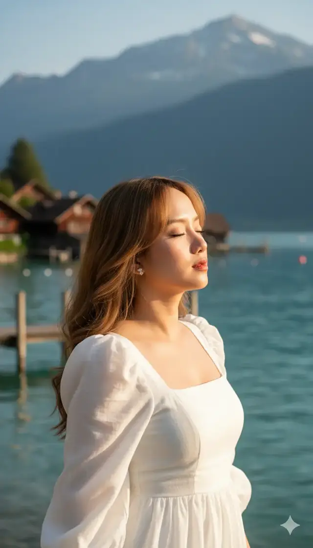 Close-up photorealistic portrait of [use attached reference photo]. The person is at Lake Brienz, Iseltwald, wearing a romantic square neck white flowy dress with puffed long sleeves . looking at the camera with serene expression Background softly blurred with turquoise water, alpine mountains, and wooden chalets. Natural sunlight highlights the face, cinematic photography, DSLR quality, ultra-detailed textures. #fyppppppppppppppppppppppp  #creatorsearchinsights2025  #googlegemini 