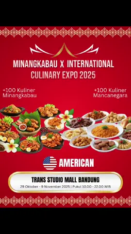 𝐌𝐈𝐍𝐀𝐍𝐆𝐊𝐀𝐁𝐀𝐔 & 𝐈𝐍𝐓𝐄𝐑𝐍𝐀𝐓𝐈𝐎𝐍𝐀𝐋 𝐂𝐔𝐋𝐈𝐍𝐀𝐑𝐘 𝐄𝐗𝐏𝐎 𝟐𝟎𝟐𝟓 𝐇𝐚𝐥𝐨 𝐁𝐚𝐧𝐝𝐮𝐧𝐠‼️ Waktunya kulineran level internasional! Minang vibes + food dunia, all in one festival! Siap-siap manjakan lidah dan mata Anda dalam festival kuliner terbesar tahun ini! Dari kelezatan rendang, sate padang, gulai itiak, hingga nasi kapau, semua kekayaan rasa Minangkabau hadir untuk Anda.  Tak hanya itu, nikmati juga ragam kuliner internasional dari berbagai belahan dunia, mulai dari hidangan Asia, Timur Tengah, hingga Western food yang menggoda selera. Nikmati perpaduan rasa Minangkabau yang kaya rempah dengan kuliner internasional dari berbagai negara hanya di Minangkabau & International Culinary Expo 2025! 🍴 Satu Festival, Ribuan Rasa! Taste Minang, Taste the World! 📌 Perpaduan tradisi lokal Minang dengan cita rasa global dalam satu panggung kuliner megah! 🎶 Jangan lewatkan juga hiburan budaya Minangkabau, tarian tradisional, hingga live music seru yang bikin suasana makin meriah. 📅 Tanggal: 29 Oktober  - 9 November 2025 📍 Lokasi: Trans Studio Mall Bandung | Kota Bandung ⏰ Waktu: 10.00 – 22.00 WIB 🎟️ FREE ENTRY — Terbuka untuk umum 👉 Ajak keluarga, teman, dan komunitasmu untuk datang dan rasakan pengalaman kuliner yang tak terlupakan! 𝐈𝐧𝐬𝐭𝐚𝐠𝐫𝐚𝐦 𝐎𝐟𝐟𝐢𝐜𝐢𝐚𝐥 : @Kabarantau @MudaMudiminangkabau @_salingka.minang_ @kabaupadati_official @gadihbujangminangkabau @minangtrending @minangsekitar 🔥 Jangan sampai ketinggalan, karena event ini hanya hadir sekali dalam setahun! #minangkabauxinternationalculinaryexpo2025 #budayaminang #kulinerminang #eventminang2025 #perantauminang 