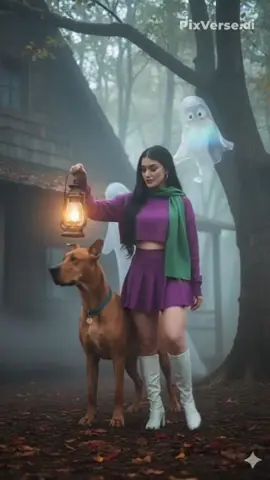 Bienvenido octubre🎃💜🧣 💜Aquí les dejo el  Prompt:  🚐🐶👻🔍  -Create a picture of me as a cinematic Halloween-inspired scene set in a foggy forest outside a wooden cabin. A glamorous young woman dressed as Daphne Blake from Scooby-Doo stands in the center, holding up a glowing vintage lantern. She wears a purple crop sweater, green neck scarf, purple mini skirt, and white knee-high boots. Beside her stands a large, realistic Scooby-Doo-like Great Dane with a collar and tag, alert and protective. Her makeup is bold and dramatic with dark lipstick and smokey eyes. The mood is eerie and mysterious, with autumn leaves scattered on the ground. In the background, a slightly transparent and iridescent, cute looking ghost lurks partially hidden behind a tree, creating a suspenseful, spooky atmosphere. The lighting is cinematic, moody, and high detail, with photorealistic textures, foggy ambiance, and sharp focus on the main characters. Ultra high definition, 8k, horror-cosplay photography style.