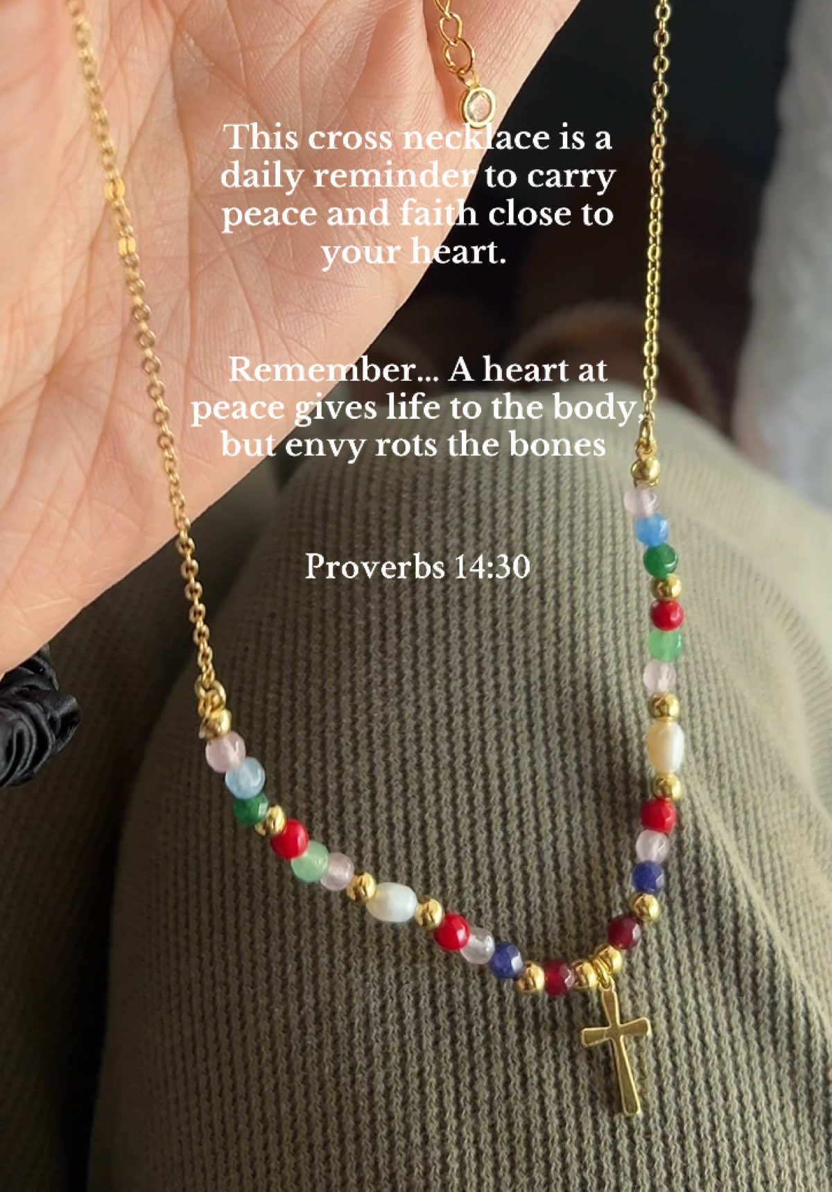This cross necklace is a daily reminder to carry peace and faith close to your heart. #proverbs #bibleverse #SelfCare #crossnecklace #jesuslovesyou 