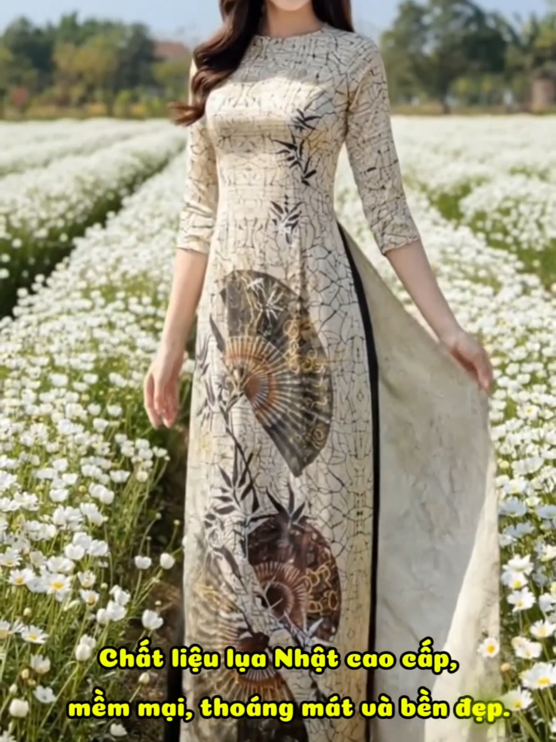 Áo Dài Hoạ Tiết Xoè Quạt Cổ Tròn Tay Bồng Chất Liệu Lụa Nhật Mềm Mại Tôn Dáng Thanh Lịch #aodai #aodai2025 #thoitrangnu #xuhuongthoitrang #aodaithanhlich 
