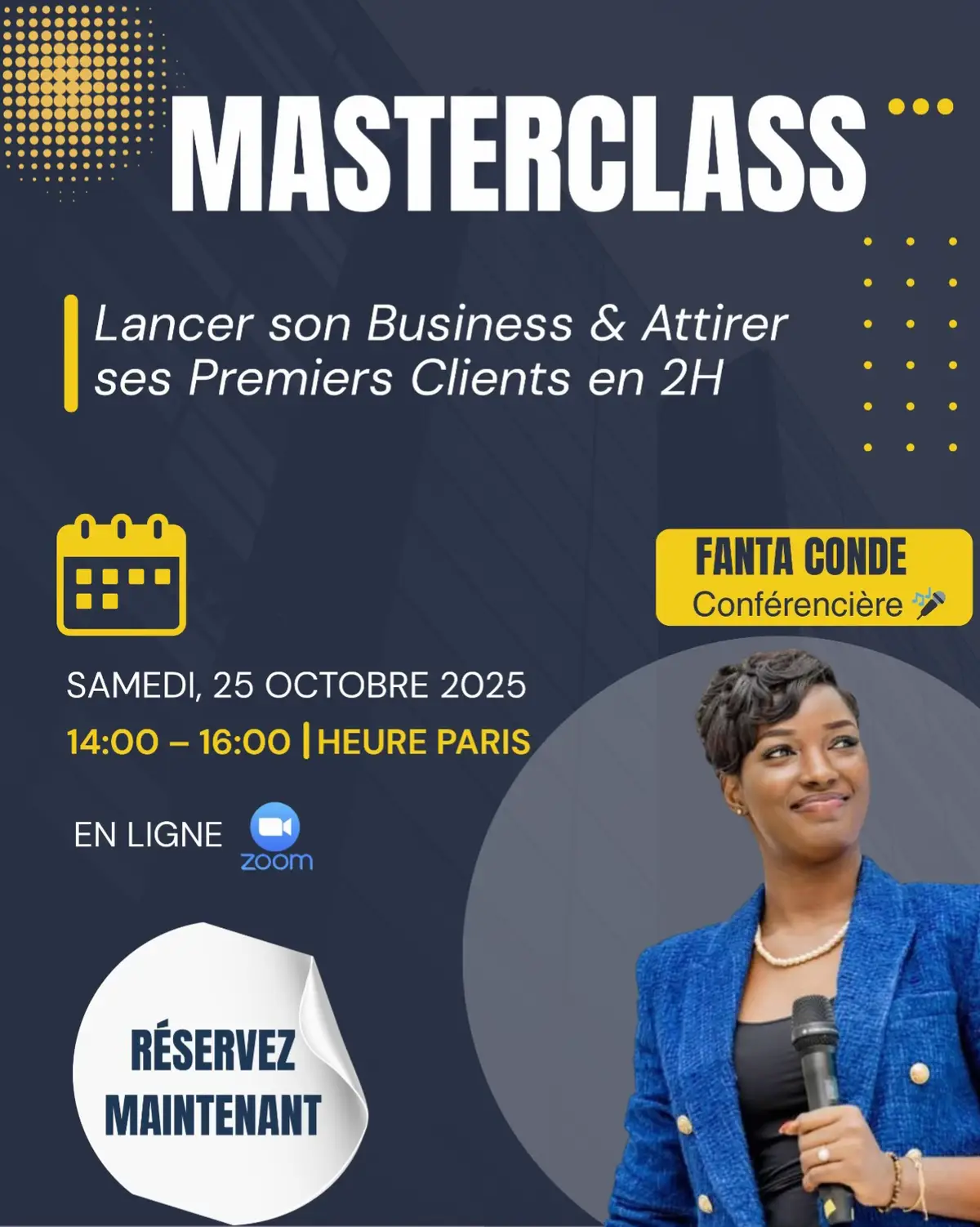 Les étapes concrètes pour démarrer votre business et générer vos premiers revenus Vous avez une idée de projet mais vous ne savez pas par où commencer ? Vous rêvez d’indépendance, mais vous hésitez à franchir le pas ? Vous avez déjà démarré, mais trouver vos premiers clients reste un défi ? 👉 Cette MasterClass 100% en ligne est conçue pour vous donner une méthode claire, simple et efficace. ✅ AU PROGRAMME  • Les 4 étapes incontournables pour se lancer sans se perdre  • Comment créer une offre claire et attractive qui donne envie d’acheter  • Les meilleures stratégies pour trouver vos premiers clients rapidement  • Les erreurs à éviter quand on débute et qui font perdre du temps et de l’argent  • Des outils pratiques pour communiquer, vendre et convaincre dès le départ 🎯 CE QUE VOUS ALLEZ OBTENIR À la fin de cette MasterClass, vous repartirez avec une feuille de route concrète pour :  • Démarrer votre business avec confiance  • Décrocher vos premiers clients dans les semaines qui suivent  • Poser des bases solides pour votre réussite future 📅 INFOS PRATIQUES  • Date : Samedi 25 octobre 2025  • Heure : 14h00 – 16h30 (heure de Paris)  • Lieu : En ligne sur Zoom Réservez votre place dès maintenant ici : https://kxeyznlb.mychariow.store/prd_cckars/checkout 🎁 BONUS OFFERTS  • Accès au replay complet de la MasterClass  • Un support PDF récapitulatif avec les étapes clés  • Intégration à un groupe privé Telegram pour progresser et réseauter 👉 Les places sont limitées. Réservez votre accès dès maintenant !