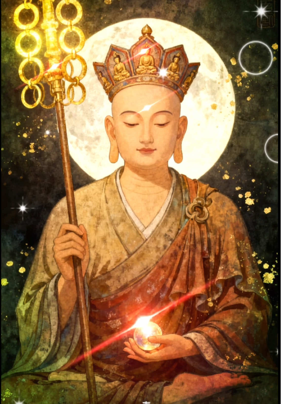 #BuddhistMantra -#大愿地藏王菩薩心咒  咒原文：嗡哈哈哈温珊摩帝梭哈  地藏菩萨跟我们娑婆世界众生缘份深，本愿功德广大不可思议，经中分明赞叹，读诵便知。如经中云：“每日念菩萨名千遍，至于千日。是人当得菩萨遣所在土地鬼神，终身卫护，现世衣食丰溢，无诸疾苦。乃至横事不入其门，何况及身。是人毕竟得菩萨摩顶授记。”等等，这里的“菩萨”指地藏菩萨。 地藏王菩薩心咒 #ksitigarbha ##BuddhistMantra #南無大願地藏王菩薩．       