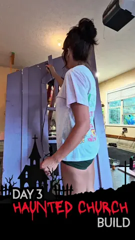 Day 3 of the church build in the haunted trail was all about distressing the facade walls!  This technique is grungy 🧟‍♂️ #halloweenprop #distressing #facade