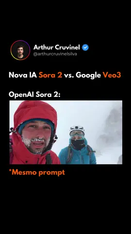 Mesmo prompt: Two mountain explorers in bright technical shells, ice crusted faces, eyes narrowed with urgency shout in the snow, one at a time (inglês) Dois exploradores de montanha em casacos técnicos brilhantes, rostos cobertos de gelo, olhos semicerrados pela urgência gritam na neve, um de cada vez (português) Qual IA ganha? 👀🤔 A OpenAI, criadora do ChatGPT, acaba de lançar o Sora 2, integrada a uma nova rede social, e isso pode mudar tudo. 👉 O app ainda não está disponível no Brasil, mas assim que ficar eu posto aqui sobre, então já me segue aí! #inteligenciaartificial #IA #OpenAI #Sora2 #SoraApp     