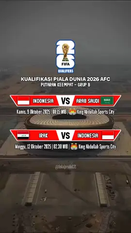 Indonesia lebih dulu akan menghadapi Arab Saudi, yang merupakan tuan rumah babak keempat. Pertandingan ini akan digelar di King Abdullah Sports City Stadium, Jeddah, pada 8 Oktober 2025. #kualifikasipialadunia2026 #timnasindonesia 