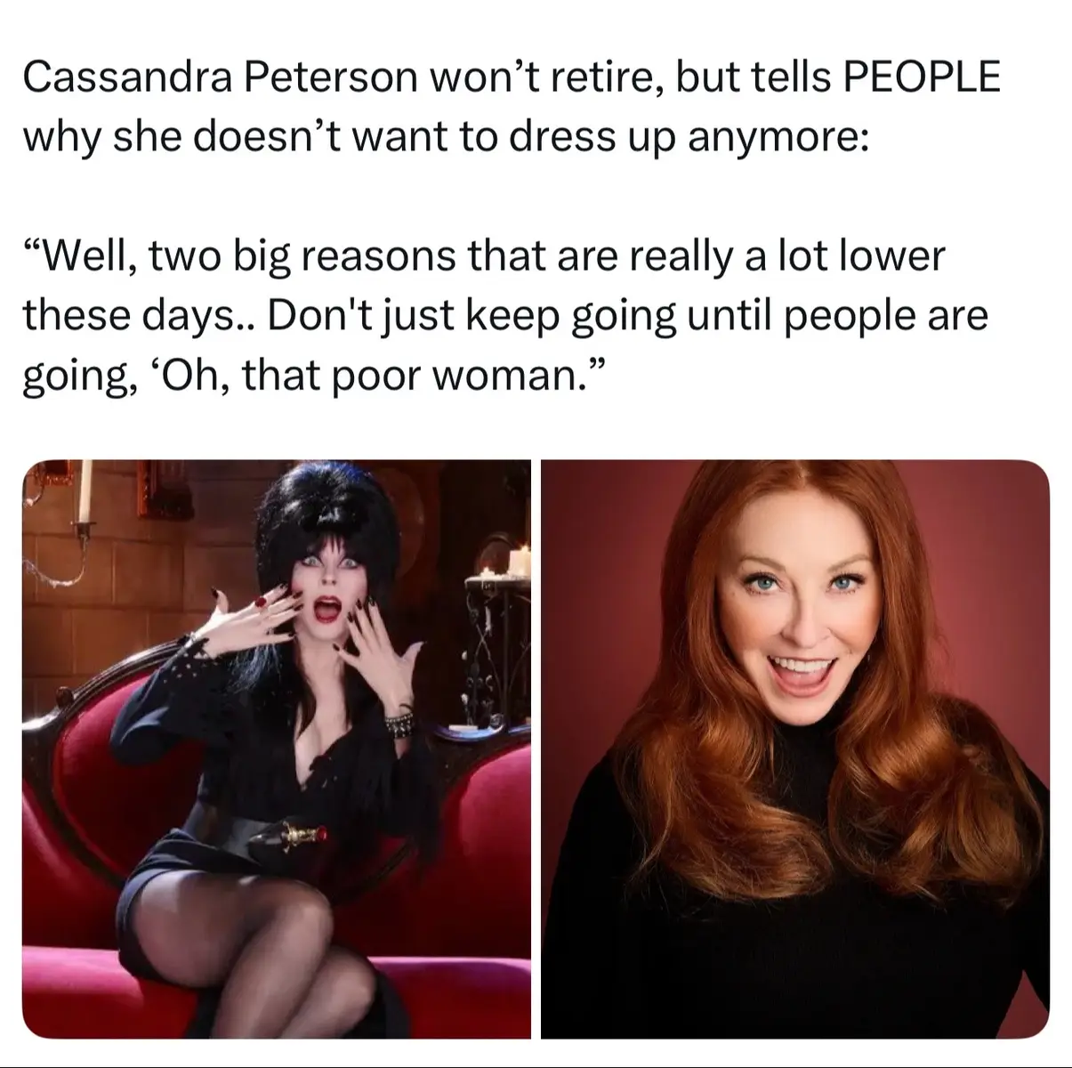 Cassandra Peterson interviewed by PEOPLE Magazine. Cassandra Peterson is currently promoting her newest project, ‘Elvira’s Cookbook From Hell’… which is out now! #elvira #cassandrapeterson #fyp #horror 