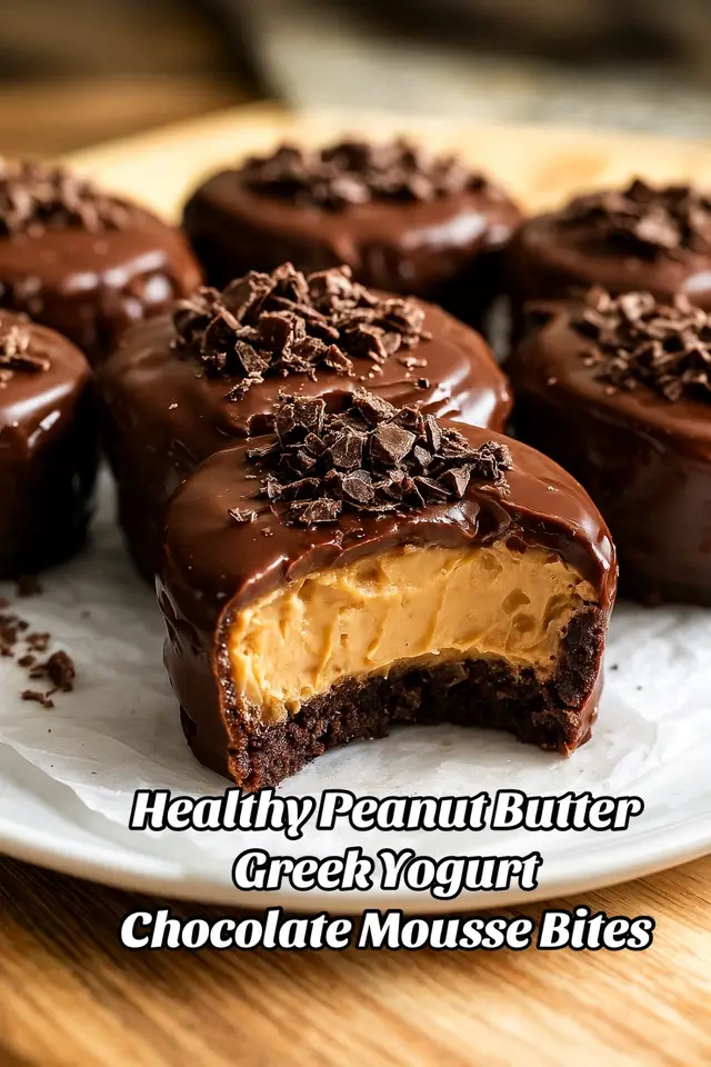 Healthy Peanut Butter Greek Yogurt Chocolate Mousse Bites with Gooey Fudge Centers 🥜🍫   A delightful and guilt-free treat that combines creamy Greek yogurt and rich peanut butter, topped with a luscious dark chocolate fudge center. Perfect for satisfying your sweet tooth without the added guilt!   Ingredients:   1/2 cup Greek yogurt   1/3 cup peanut butter   2 tablespoons honey or maple syrup   1 teaspoon vanilla extract   2 tablespoons cocoa powder   1/4 cup dark chocolate (melted, for centers)   Directions:   Prepare the Mousse Mixture: In a medium bowl, combine the Greek yogurt, peanut butter, honey (or maple syrup), vanilla extract, and cocoa powder. Mix until smooth and creamy.   Fill the Molds: Spoon the mousse mixture into silicone molds or mini muffin tins, filling each about halfway.   Add the Fudge Centers: In a separate bowl, melt the dark chocolate until smooth. Drizzle a small amount of melted chocolate into the center of each mousse-filled mold, then cover with more mousse until the molds are full.   Freeze: Place the molds in the freezer for at least 2 hours, or until the mousse bites are firm.   Serve: Once frozen, gently pop the mousse bites out of the molds. Enjoy them straight from the freezer for a cool, creamy treat!   Nutritional Information:   ⏰ Prep Time: 15 minutes | Freezing Time: 2 hours | Total Time: 2 hours 15 minutes   🔥 Kcal: Approximately 100 kcal per bite | 🍽️ Servings: 12 bites   #HealthyTreats #ProteinDessert #ChocolateLovers #GuiltFreeDessert #EasyRecipes