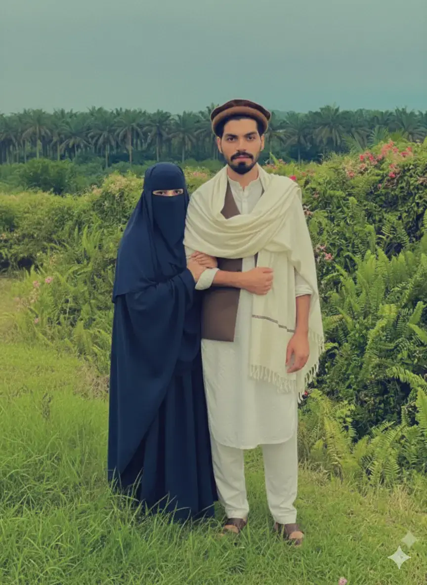 Add A young couple in pashtun traditional attire possing outdoor with soft natural background.The man wears a shalwar kamess with pakol and waistcoat and a wahite shawl draped over his shoulders. He looks at the cemra woman wearing a hijab burqa with niqab of dark blue colour lenes gently against the man holding his arm. She looks directly at the ceamra with a gentle expression. Note: Use the provided photos of on screen refs.The face must match photo exactly and without any changes in face or hairs no alterations no digital changes no heavy makeup.Preserve facial proportions scars/moles and natural