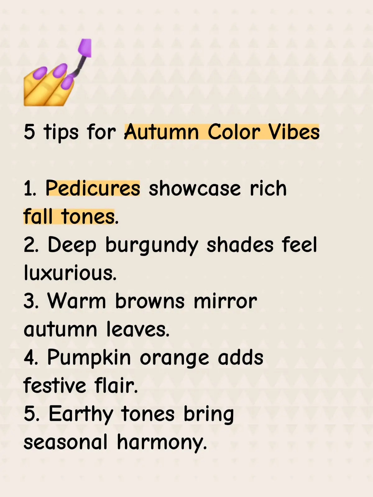 1. Pedicures showcase rich fall tones. 2. Deep burgundy shades feel luxurious. 3. Warm browns mirror autumn leaves. 4. Pumpkin orange adds festive flair. 5. Earthy tones bring seasonal harmony. 6. Pedicures reflect cozy fall palettes. 7. Colors elevate everyday outfits. 8. Nail art mimics autumn beauty. 9. Seasonal polish = seasonal confidence. 10. Pedicures paint fall on your toes. #GlamorLabNails #nailinmesa #nailinchandler #bestnailsalon #nailingilbert 