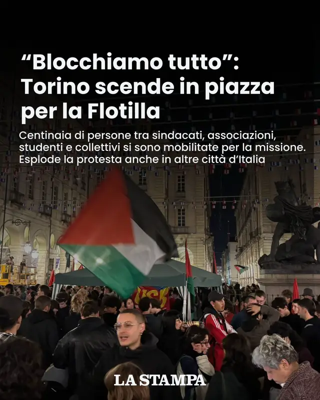 Anche Torino si mobilita a sostegno della Global Sumud Flotilla nelle ore dell’abbordaggio da parte di Israele. In piazza Palazzo di Città, ribattezzata simbolicamente «piazza Gaza», si è radunata la galassia pro Palestina. Centinaia di persone tra sindacati, associazioni, studenti, collettivi.  Di Caterina Stamin e Riccardo Bessone #blocchiamotutto #globalsumudflotilla #gaza