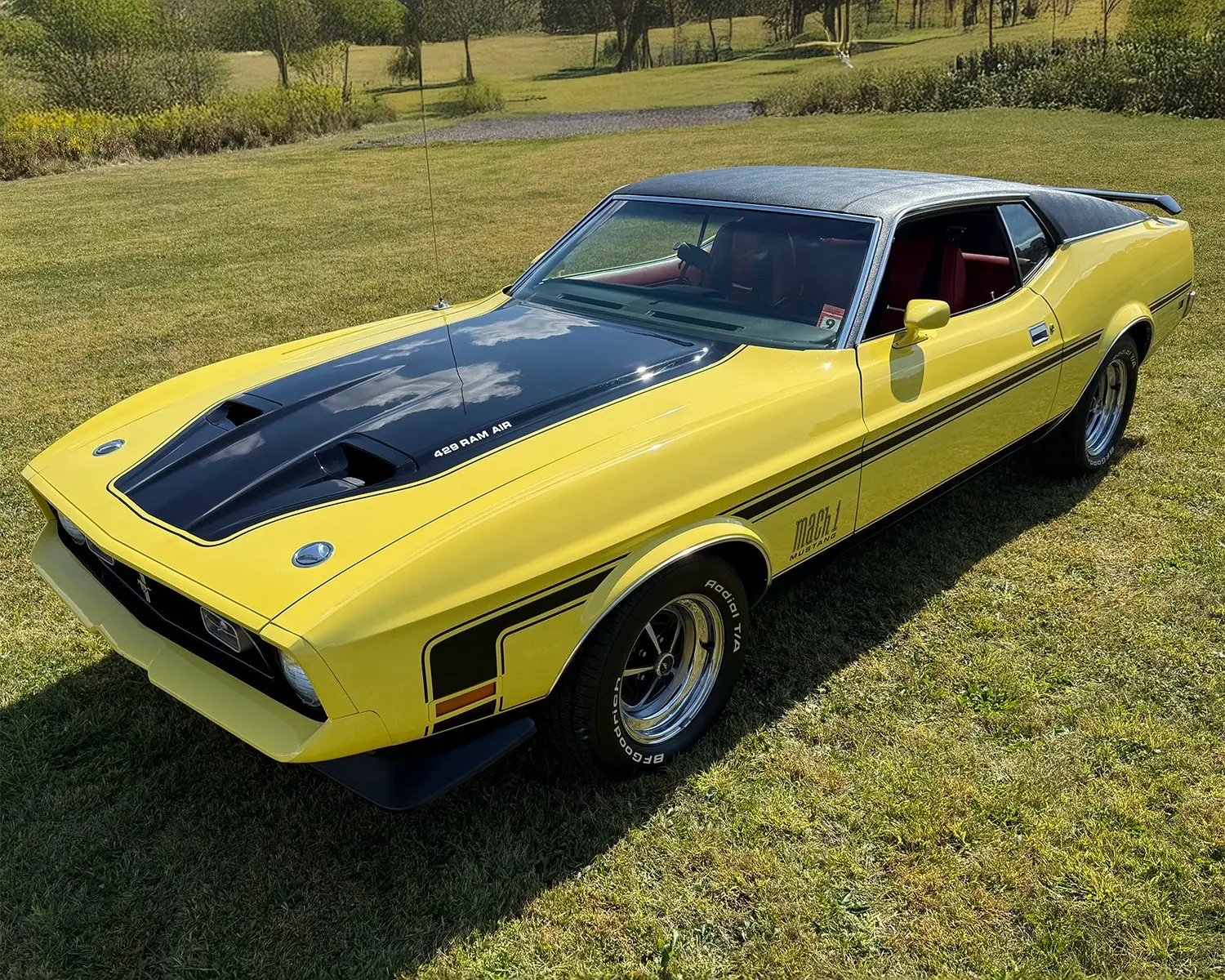 Unleash the muscle! This 1971 @Ford Motor Company Mustang #Mach1 is powered by a 429/370hp Cobra Jet #V8 mated to a 3-speed C6 automatic transmission and loaded with options like air conditioning, power steering, power disc brakes and AM radio. Finished in Grabber Yellow over a black and red interior, this paint-and-trim combination is a one of one, confirmed by the Deluxe Marti Report included with the sale. This Mustang is selling with No Reserve at the 2025 #Scottsdale Fall Auction, Oct. 15-18 at WestWorld. Learn more at Barrett-Jackson.com