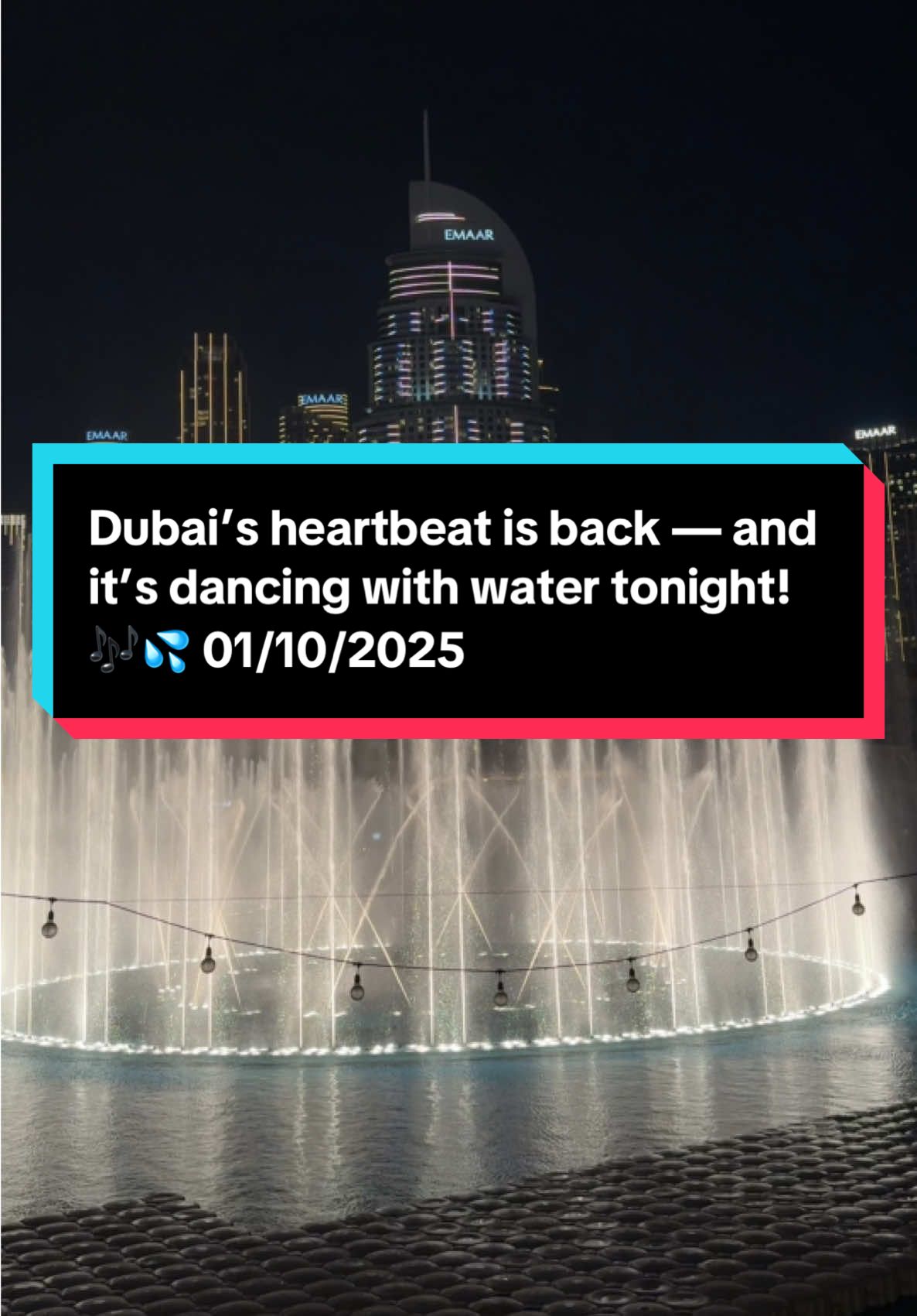 Dubai’s heartbeat is back — and it’s dancing with water tonight! 🎶💦01/10/2025.  #dubaifountain #dubai #fyp #exploredubai #downtown 