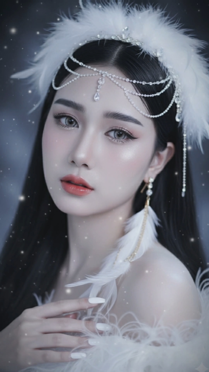 ♡♡♡❄️❄️❄️♡♡♡ ________________ Create this photo of a young Asian woman with a dramatic and soft-focus aesthetic. Clothing and accessories skew toward a bird, fairy, or goddess theme (as seen in the white feathers and sequined hairpiece). * A young Asian woman with very fair porcelain skin. * Skin: Very smooth, radiant, and dewy with an airbrushed effect (perfectly flawless). * Eyes: Natural eye makeup with a hint of silvery shimmer. Thin eyeliner and naturally curled lashes. Contact lenses may be used to enhance the eye color. * Lips: Soft coral or peach with a reflective glossy effect. * Cheeks: A hint of very soft pink or peach blush. * Accessories & Clothing: * Headpiece/hairpiece made of soft white feathers and small, sparkling sequins/crystal stones. * Ivory or pure white clothing adorned with a feather texture. * A dangling earring or side hairpiece made of soft white feathers with gold accents. The lighting is dramatic, soft, and from above (rim light). The main light is cool-toned, resembling strong moonlight or a snowy night. There are slight reflections of warm light on the lips and skin for contrast. * Background: Dark and blurry (dark, out-of-focus bokeh), creating a strong contrast with the bright subject. This adds depth and focus to the face. * Effect of fine snow or luminous dust/sparkles falling in the air (can be overlayed or post-production). * A subtle haze/mist effect that gives a dreamy or ethereal feel. * Small white feathers floating near the face. Post-Processing Details / Color Aesthetics * Dominant Colors: Icy blue (cool) and Bright White (with a slight purplish/light blue tint). * Contrast: Relatively high contrast between the bright subject and the dark background, but with soft shadows (not pitch black). * Sharpness: The photo as a whole has very selective sharpness (sharp focus on the eyes and lips), while other areas, especially the edges and background, are very soft (soft-focus). * Brightness: Overexposed light in highlight areas (such as the forehead and nose) to create a divine/luminous impression. Long, straight black hair Some of it hangs forward. With a jewel-like hair ornament that reaches her forehead. Wearing long white nails Feather earrings with long gold accents. Shoulders are visible. * Facial expressions are melancholic, pensive, or graceful. This creates a sense of longing.Lighting and Atmosphere.Look at the camera  Without changing the face. _______ #เทรนด์วันนี้มาแรง  #geminiaiprompt  #สร้างภาพสวยด้วยai  #สอนแต่งรูป  #gemini 
