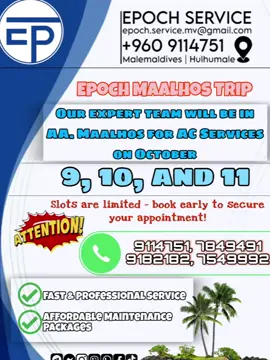 🔔 EPOCH MAALHOS TRIP          09,10 AND 11 Kindly schedule your service and reserve your slot in advance  📲 9114751, 7849491, 9182182, 7549992 ✅Fast & Professional Service ✅Affordable Maintenance Packages 📱 9114751 🌐 https://epochservicemv.kyte.site ✉️ epoch.service.mv@gmail.com Viber Comunity. https://invite.viber.com/?g2=AQBZd8kbuQyB21RuLY9nqh2EOxEKefkZAwrCXDtU1qjC925%2FlDBRs6TuJhU1wu1P Facebook: https://www.facebook.com/share/1DU7yz7rFT/?mibextid=wwXIfr Instagram: https://www.instagram.com/epochservice?igsh=ZDdkbW8wM3Z4Mzd3&utm_source=qr Tiktok: https://www.tiktok.com/@epochmv?_t=ZS-8wGOS7pyAh5&_r=1 Telegram: https://t.me/epochservice Location 📍HULHUMALE #epochservice #epochmv #maalhos #fyp 