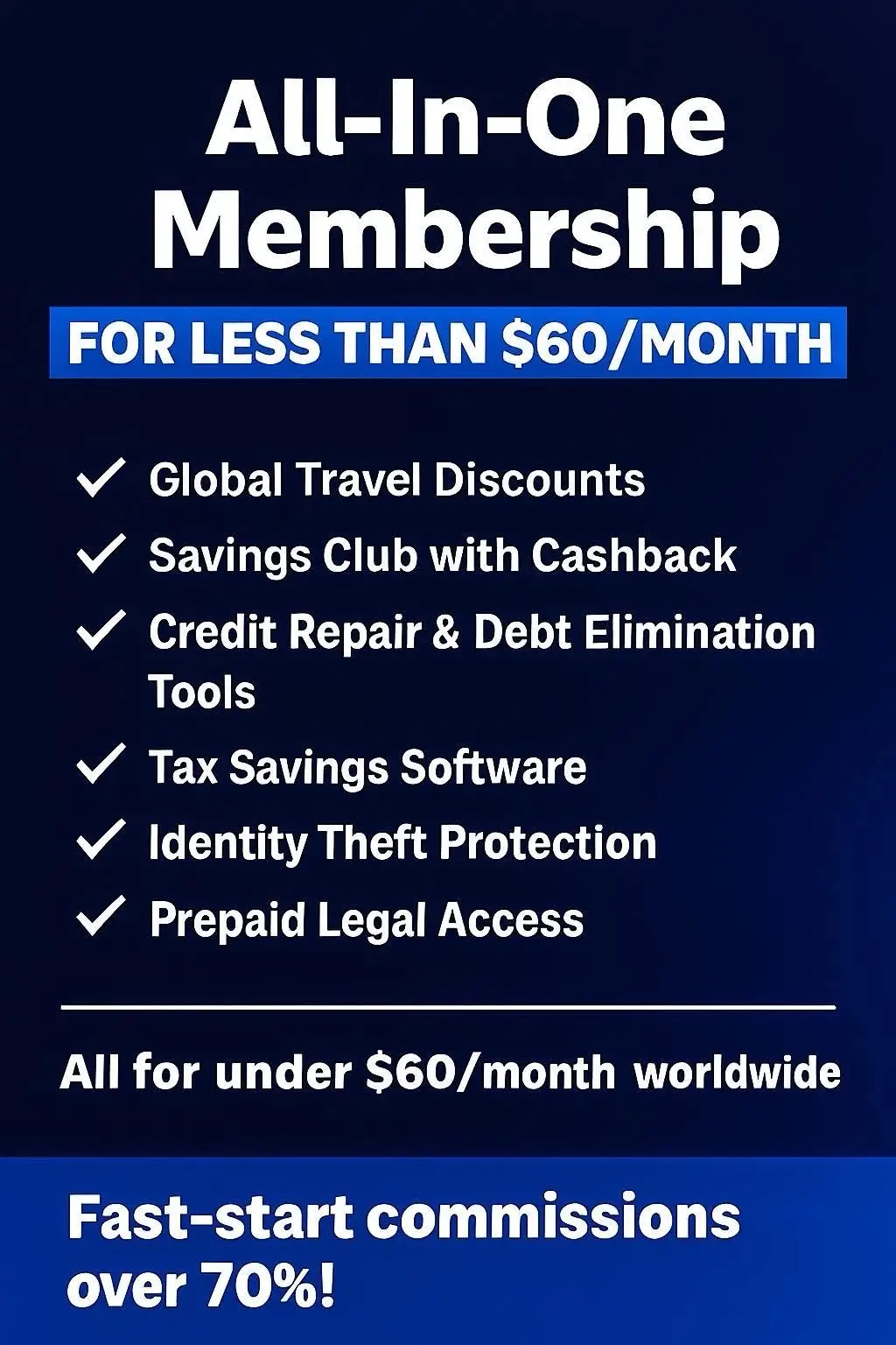 🌍 **All-in-One Membership for Less Than $60/Month** Why pay more for less when you can have everything in one place? With **our membership**, you don’t just get a travel portal—you unlock a complete lifestyle & financial health package: ✔️ Global **Travel Discounts** ✔️ **Savings Club with Cashback** ✔️ **Credit Repair & Debt Elimination Tools** ✔️ **Tax Savings Software** ✔️ **Identity Theft Protection** ✔️ **Prepaid Legal Access** 💥 All this for **under $60/month worldwide** 💥 And here’s the kicker… our **fast-start commissions are over 70%** 🚀