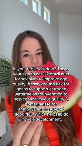 What you eat in your fertile window can help increase your chances of conceiving by improving your egg quality, hormone balance and cervical mucus. Your fertile window is 7 days and consists of the 5 days before ovulation (late follicular phase), ovulation and the 24 hours afterwards. Your body is priming for conception: estrogen is peaking, cervical fluid is abundant and an egg is about to release.  SAVE for later & share with a friend! #fertilewindow #cyclesyncing #fertilityfoods #ttcnaturally #ovulation           