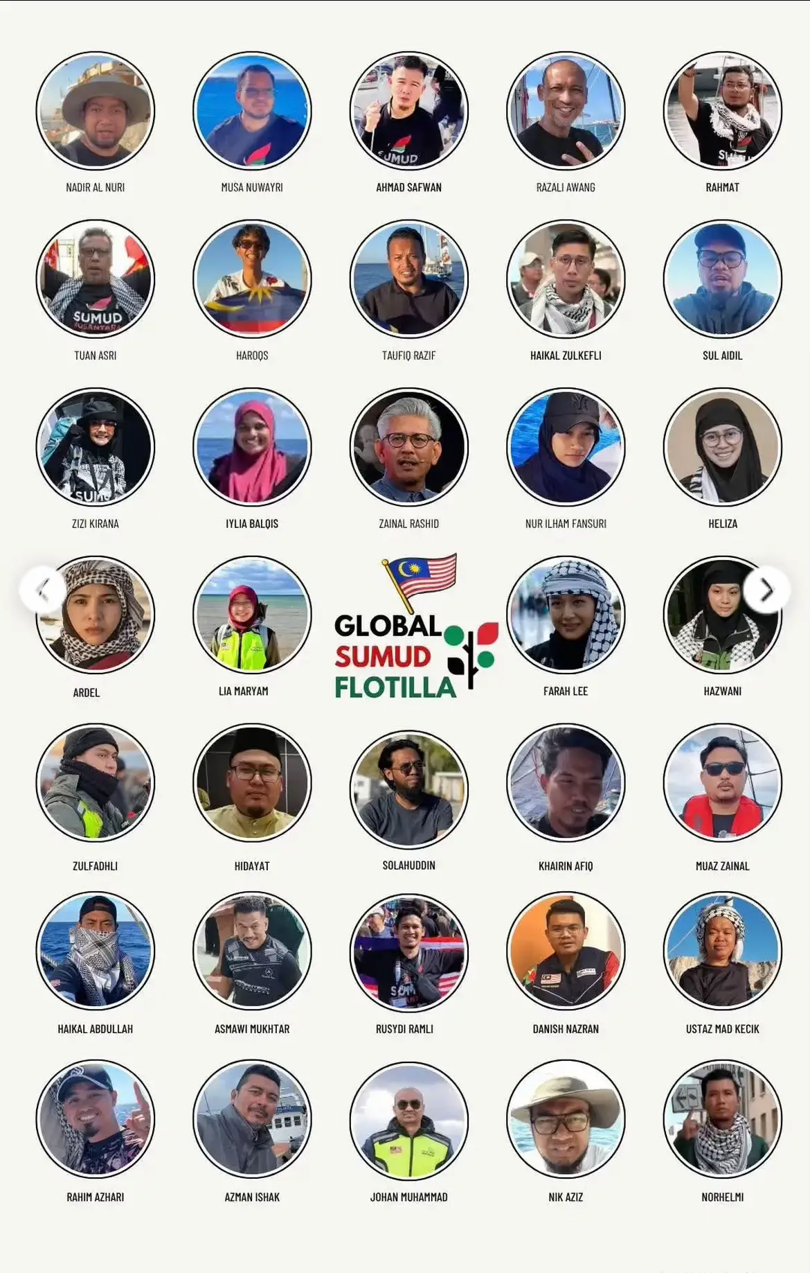 Malaysian were arrested by IDF namely  1. Zizi Kirana - HUGA 2. Muaz Zainal Abidin - SIRIUS 3. Heliza Helmi - HIO 4. Hazwani Helmi - HIO 5. Haikal Abdullallah- SIRIUS 6. Iylia Balqis - ALMA 7. Sul Aidil - ALMA 8. Musa Nuwayri - ALMA 9. Danish Nazram - GRANDE BLUE 10. Rusydi Ramli - SIRIUS 11. Farah Lee-  GRANDE BLUE 12. Zulfadhli Khiruddin - SIRIUS 13. Zainal Rashid - FAIR LADY 14. Muhammad Asmawi - ESTRELLA 15. Taufiq Razif - FREE WILLY 16. Haikal Zulkefli - FREE WILLY 17. Muhammad Abdullah - FAIR LADY 18. PU Rahmat - ESTRELLA 19. Haroqs - FREE WILLY  20. Norhelmi- ESTRELLA 21. Norazman - ESTRELLA 22. Razali Awang - INANA 23. Ardell Aryana- MIKENO  They only wanted to provide humanitarian aid. Ya  Allah, please help them. No violence was committed by Sumud Flotilla. This is a w@r cr1me! The IDF is detaining them without mercy, even though they had no we@pon and were only driven by the spirit of helping the people there. Again! This is a w@r cr1me.  Humanitarian aid is being blocked from entering, and they are also cutting off all forms of essential supplies to the area. Listen all of you! This is not about religion this is about humanity. Don't stop spreading Sumud Flottilla!  #sumud #globalsumudflotilla #alleyesonme #humanity 