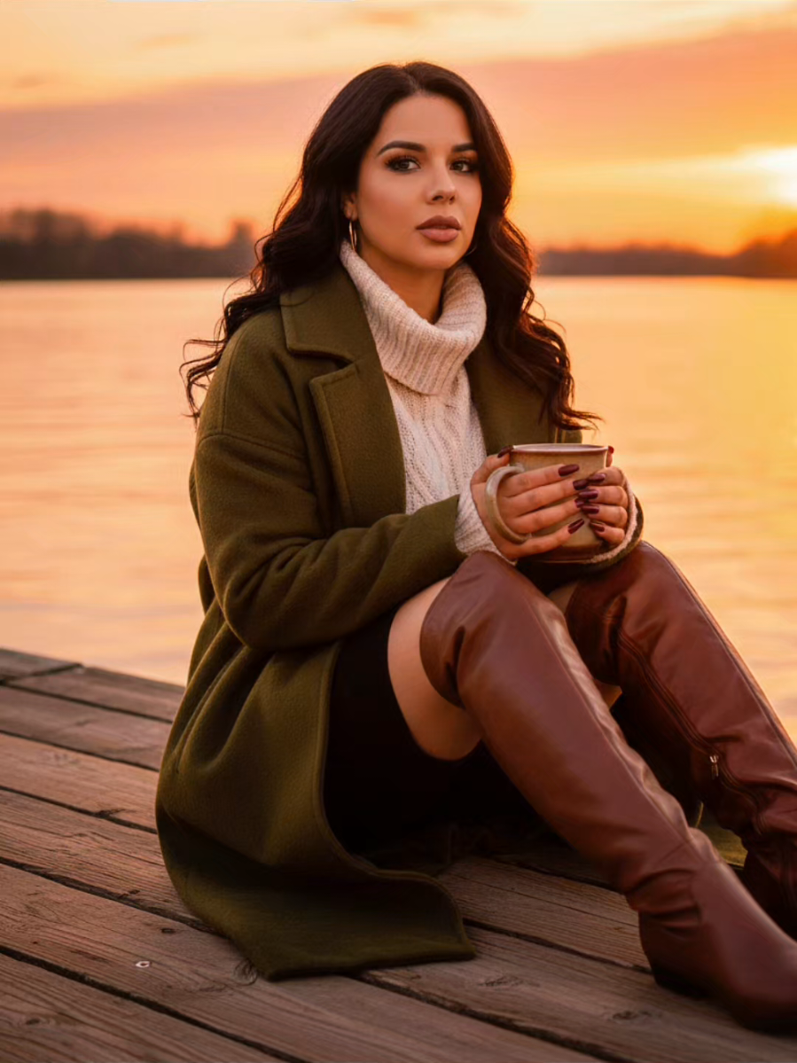 In love 🤎 Ai gemini photos  Ultra-realistic portrait of a woman in the foreground, sitting on the edge of a wooden pier by a calm river at sunset. The golden light reflects on the water, creating a warm glow. She wears a cozy fall outfit with a knitted sweater, coat, and boots, holding a coffee cup in her hands. Focus on her expression and details, with the river and glowing sky softly blurred in the background. Cinematic, serene, 4K resolution. Do not change my face #aiphotoprompt #tendenciaAigemini #googleai #Aigemini #iagemini 