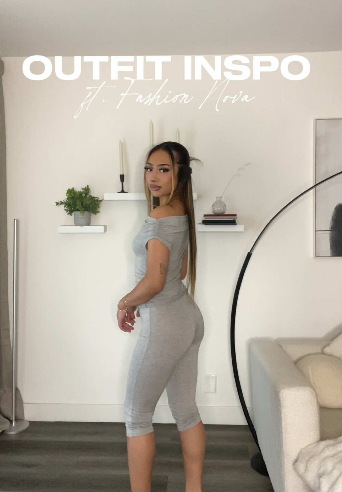 🩶🩶🩶 @Fashion Nova  Outfit details: - Havana Off Shoulder Capri Pant Set - Heather Grey - Lola Sweater One Shoulder Pant Set - Heather Grey
