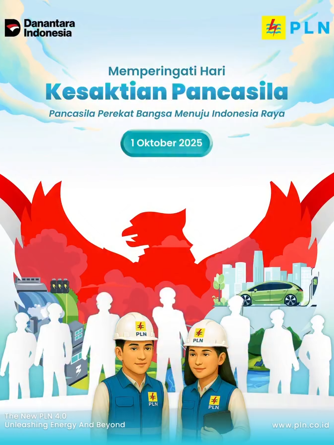 Electrizen, selamat memperingati Hari Kesaktian Pancasila ✨ Hari ini menjadi pengingat untuk meneguhkan persatuan, merawat nilai luhur bangsa, dan melangkah bersama menuju Indonesia yang lebih maju. Sebab, Pancasila adalah Perekat Bangsa Menuju Indonesia Raya 🇮🇩 #PLNUntukSemua #PLNUntukIndonesia #HariKesaktianPancasila
