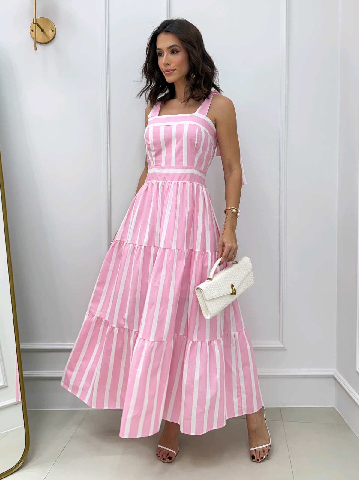 VESTIDO LUXO MAXI MIDI TRICOLINE LISTRADA COM ALÇA REGULÁVEL  #look #vestido #moda #vestidos #vestidos 