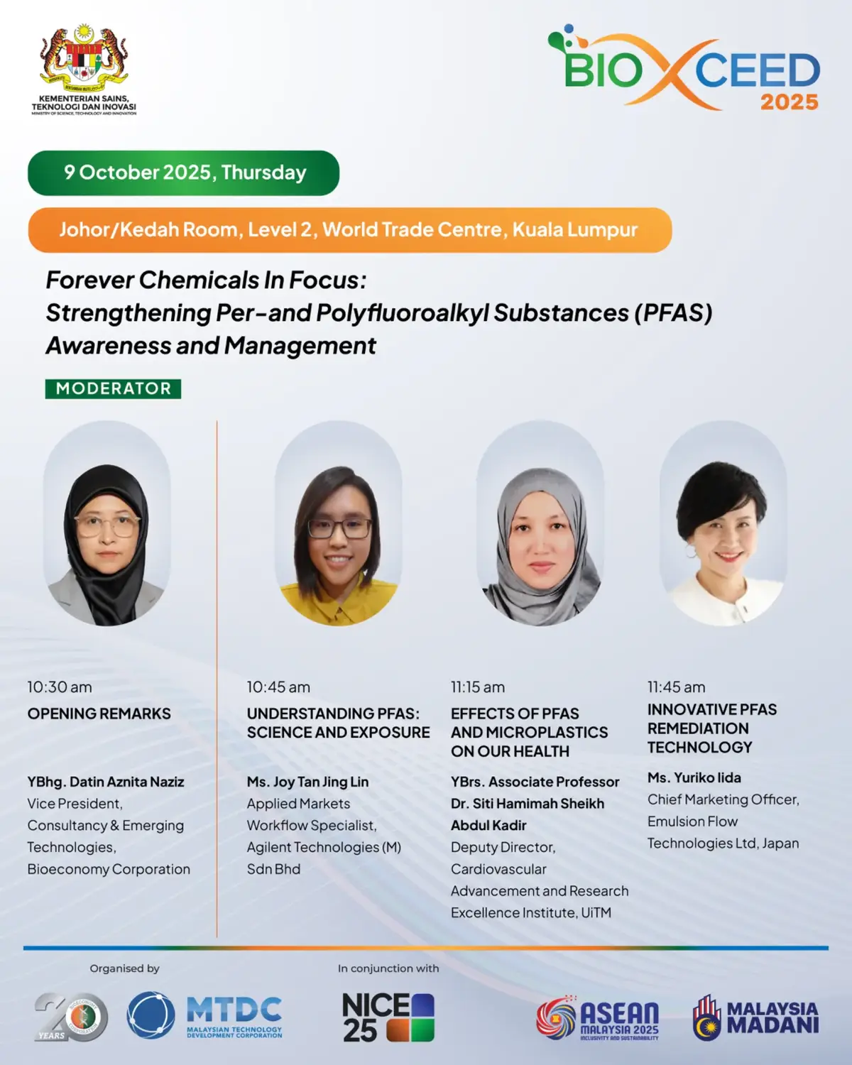 Join us on Day 4 at BioXCeed 2025 on 9 October at the World Trade Centre Kuala Lumpur for a dialogue on strengthening awareness and management of per- and polyfluoroalkyl substances (PFAS). Local and international experts will discuss the science of PFAS, their health and environmental risks, and the latest advances in detection, remediation, and substitution technologies.  Featuring perspectives from Bioeconomy Corporation, Agilent Technologies, the Cardiovascular Advancement and Research Excellence Institute, and Emulsion Flow Technologies Ltd (Japan), the session will provide policymakers, industry leaders, and researchers with practical insights to drive safer alternatives and sustainable practices in Malaysia’s bioeconomy. Get your Day 4 BioXCeed 2025 tickets today by clicking the link at bio. See you there! #MOSTI #BioeconomyCorporation #UiTM  #BioXCeed #NICE2025 cc @officialmosti @uitm_channel 