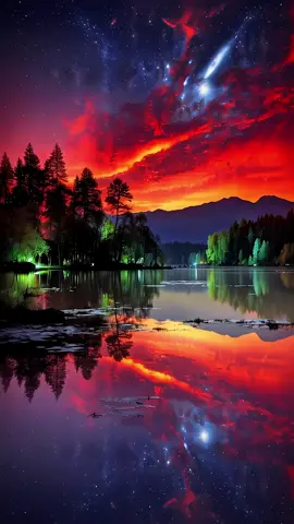 Live Wallpaper | Starlit Reflections & Aurora Lake 🌊💕🌅💜💫 ✨ Cosmic Sunset Lake meets Starlit Reflections under a Galactic Twilight sky. Celestial Mirror waters shimmer with Nebula Sky colors and Starfall Over the Lake — a surreal landscape where the horizon feels infinite. 🌲 Emerald pines silhouette against a fiery cosmic sunset, mirrored perfectly in the still lake. Shooting stars streak across the heavens, painting the night sky with aurora-like dreams. This scene captures the feeling of standing at the edge of the universe, where nature and cosmos become one breathtaking view 🩵 #4kwallpaper #livewallpaper #hdwallpapers #auroraborealis #lakelife 
