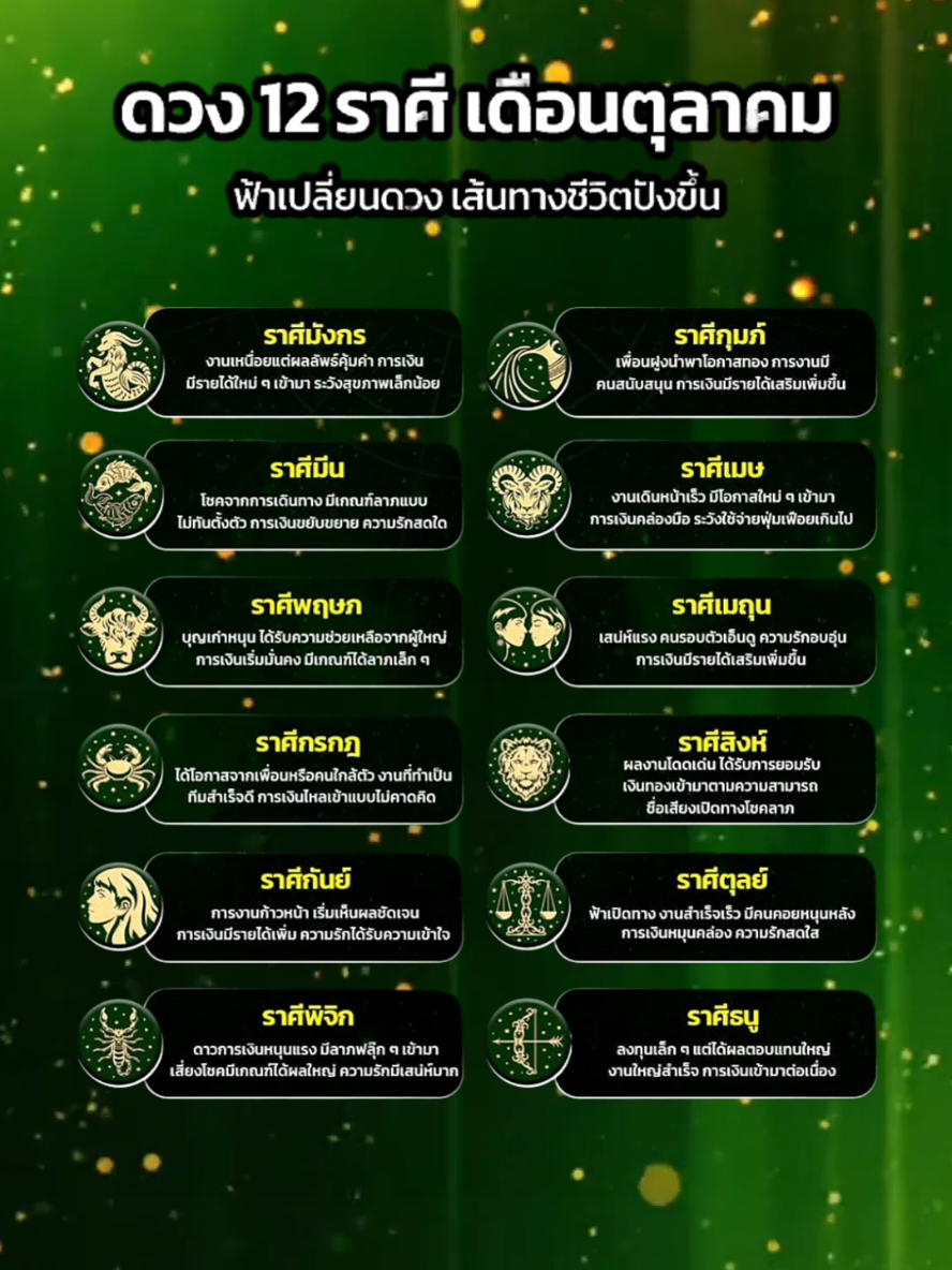 ดวง 12 ราศี เดือนตุลาคม ฟ้าเปลี่ยนดวง เส้นทางชีวิตปังขึ้น การงานก้าวหน้า การเงินไหลมา ความรักอบอุ่น  เดือนนี้ราศีคุณติดโผความเฮงหรือไม่ มาลุ้นกันเลย  #12ราศี #ดูดวง #ดวงรายเดือน #ดวงตุลาคม #ดวงการเงิน 
