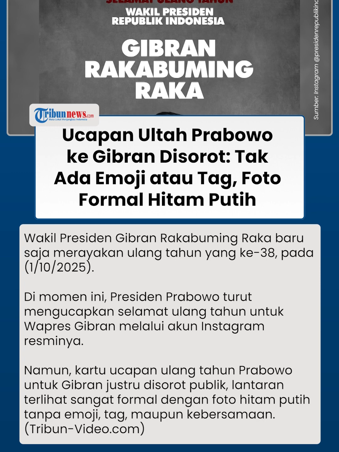 Wakil Presiden Gibran ultah ke-38! Presiden Prabowo ucapkan selamat lewat kartu yang super formal, foto hitam putih tanpa emoji dan tag! Publik langsung sorot gaya ucapan ini. 🤔 #Prabowo #Gibran#GibranUltah #PrabowoGibran #TribunKaltim