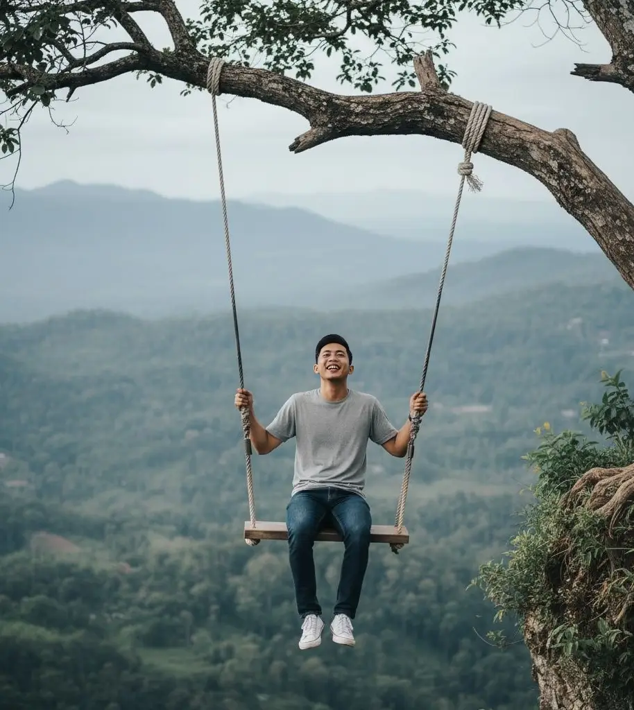 PROMPT: Foto sinematik pria muda Indonesia , tinggi 171 cm, beeat badan 65 kg, sesuai foto referensi lagi duduk di ayunan diikat di batang pohon gede pinggir tebing. Karakter pakai outfit kasual santai kaya kaos polos, celana jeans, sama sneakers. Gayanya enjoy banget, senyum lepas sambil nikmatin ayunan. Background view hutan hijau luas sama bukit berlapis-lapis yang keliatan megah di kejauhan. Di-shoot pake kamera DSLR proper, fokus jelas ke orangnya, background masih detail tapi agak blur biar dramatis..Cahaya siang hari lembut bikin warna . #pormptgemini #GeminiAi #fyp #gemini #zxycba 