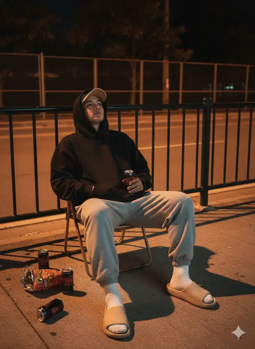 GOOGLE GEMINI EDIT Step 1:Open your Gemini Ai Step 2: Upload a photo Step 3:Copy this text/prompt Use uploaded photo of a face and hair as for reference to be a young man sitting, leaning backwards on a foldable camping chair on a sidewalk at night, illuminated by streetlights. He is wearing an oversized black hoodie with the hood up, a beige baseball cap underneath, and grey oversized sweatpants, soft crumpled on the edge with elastic cuffs. He has huge beige slide sandals over white socks, and his left hand tucked into the hoodie pocket. His right hand holding a can of coke zero. His looking side at a distance. The background features a street with metal railings, streetlights casting warm orange glow, and a fence with trees behind it. The sky is dark, and the scene has a calm, urban nighttime atmosphere. The style is realistic with sharp details, capturing the textures of clothing, footwear, and surroundings, with a focus on natural lighting and shadows created by the streetlights. Several coke zero cans and a bag of Cheetos scattered beside the subject. #edit #viral #googlegemini #fyp 