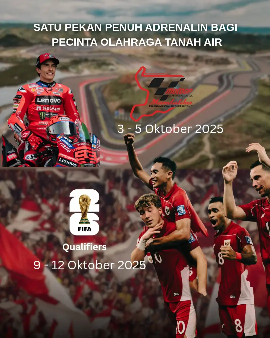 Indonesia akan merasakan satu pekan yang begitu berkesan bagi para pencinta olahraga. Dimulai pada Minggu, 5 Oktober 2025, Sirkuit Mandalika menjadi pusat perhatian dunia saat balapan paling bergengsi MotoGP digelar di tanah air. Belum sempat euforia balap usai, sorotan akan bergeser ke tim nasional sepak bola. Pada Kamis, 9 Oktober 2025, skuad Garuda akan melakoni laga krusial menghadapi Arab Saudi dalam lanjutan Kualifikasi Piala Dunia 2026. Tiga hari berselang, pada 12 Oktober 2025, giliran Irak yang akan menjadi lawan Timnas Indonesia. Dua laga berat ini akan menjadi ujian penting bagi perjalanan Indonesia menuju panggung Piala Dunia. #timnasindonesia #worldcup #motogp #motogpindonesia 