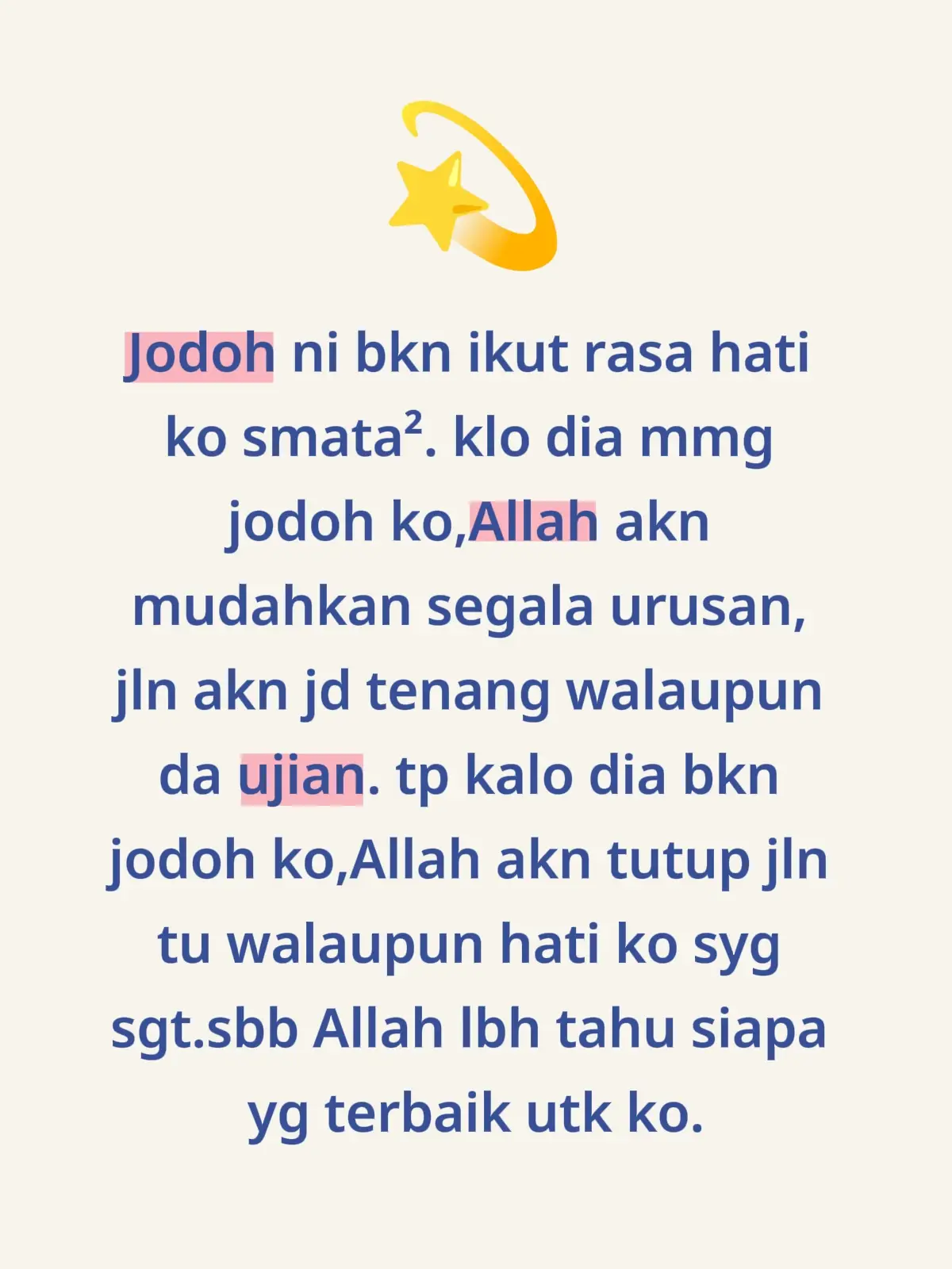#wanita  jodoh ni bukan ikut rasa hati kita semata-mata. kalau dia memang jodoh kita, Allah akan mudahkan segala urusan, jalan akan jadi tenang walaupun ada ujian. tapi kalau dia bukan jodoh kita, Allah akan tutup jalan tu walaupun hati kita sayang sangat. sebab Allah lebih tahu siapa yang terbaik untuk kita.