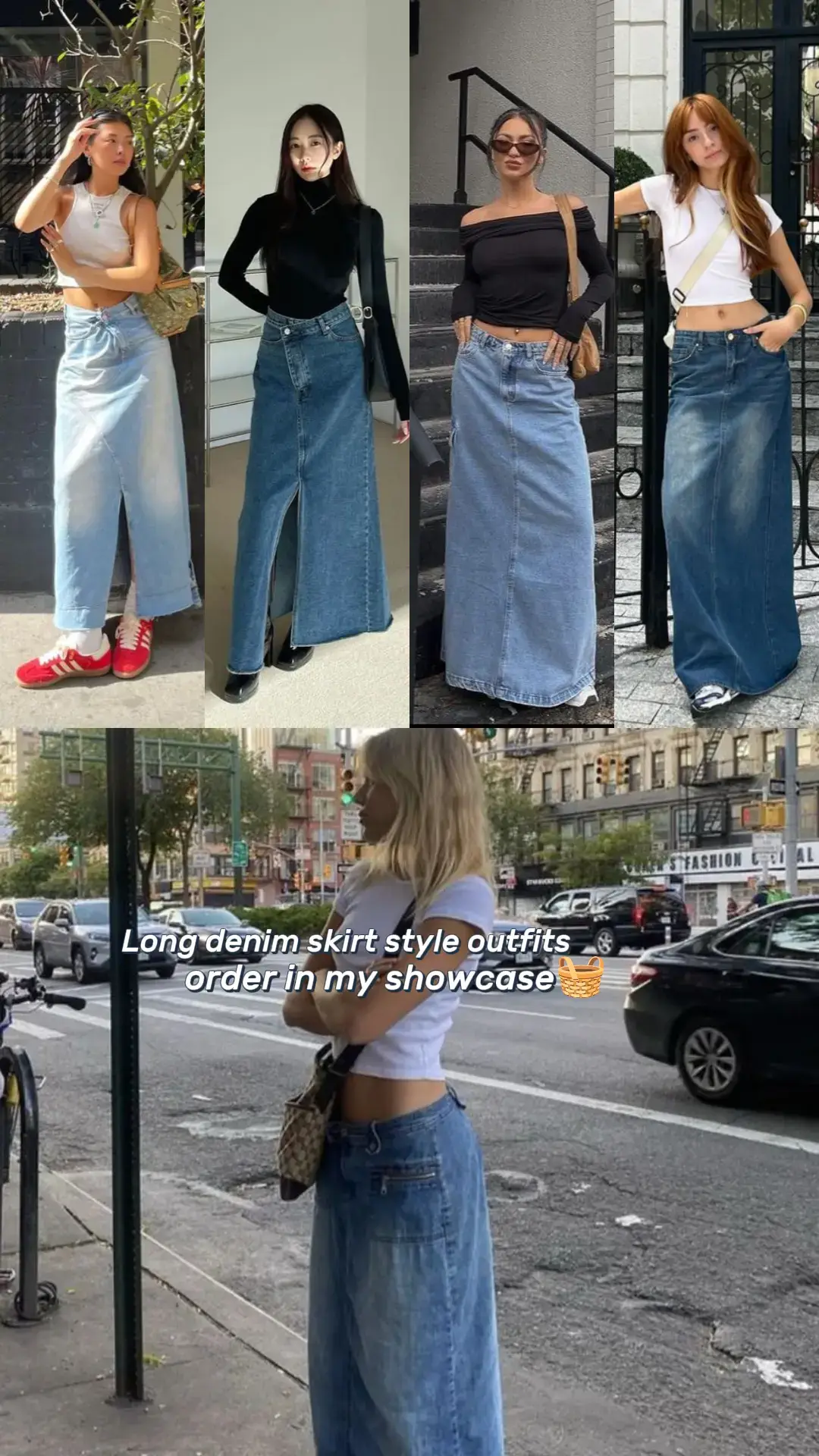 Long denim skirt fashion style outfits. foryoupage #denimskirt #trendyoutfits #trendyoutfit#creatorsearchinsights2025 