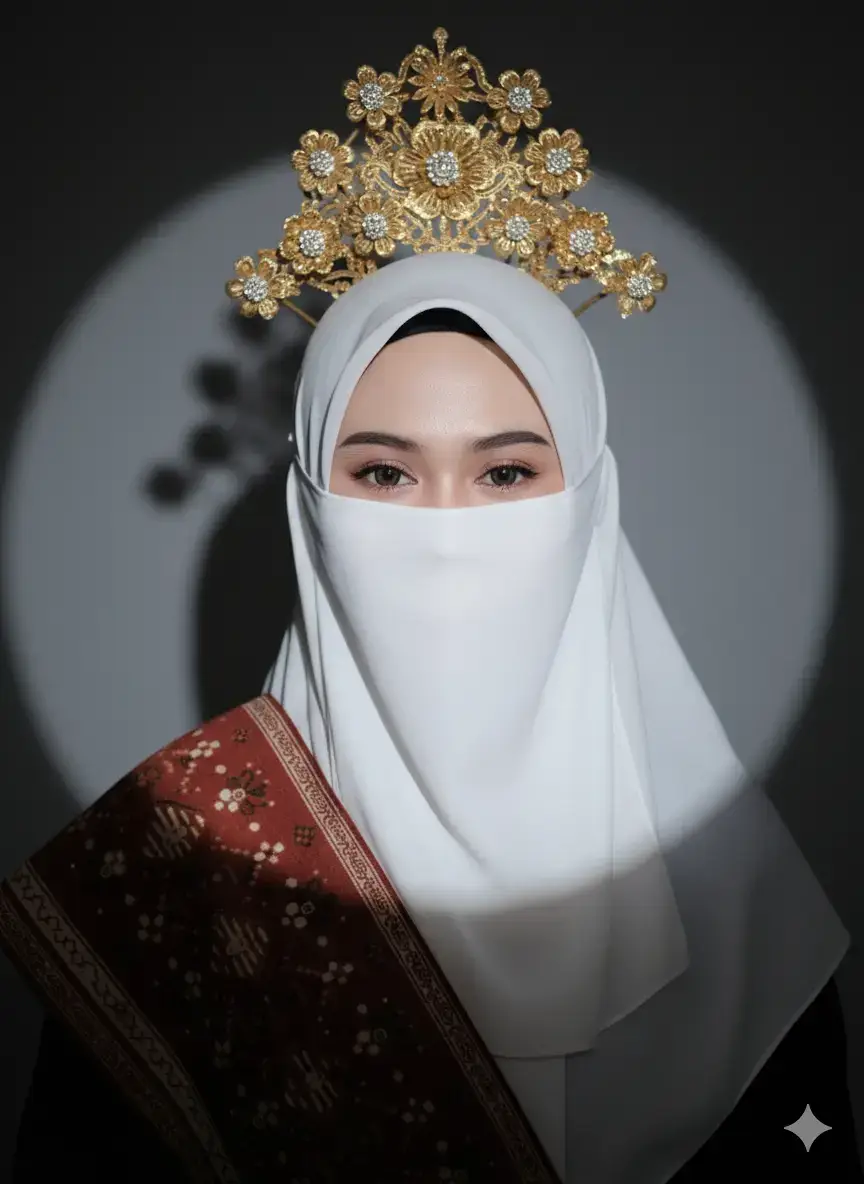 prompt: mempertahankan wajah dan fitur yang sama persis dengan wajah referensi. potret detail tentang sebuah potret studio fesyen tinggi seorang wanita muda bercadar putih, hiasan kepala bunga emas, dan kain batik Indonesia. Detail utama meliputi: Subjek & Pakaian: Wanita muda bercadar putih dengan hiasan kepala bunga emas dan selendang bahu batik Indonesia berwarna merah-cokelat dengan motif geometris. Tata Rias & Pencahayaan: Riasan wajah porselen tanpa cela dengan dewy finish dan pencahayaan cinematic menggunakan softbox tunggal sebagai key light dan proyeksi spotlight melingkar untuk latar belakang. Spesifikasi Fotografi: Dipotret dengan DSLR/ mirrorless full-frame, lensa prima 85mm pada f/1.4, ISO 100, shutter 1/160, dengan depth of field dangkal dan resolusi ultra-tinggi 8K. Gaya & Suasana: Fotografi editorial fesyen budaya modern dengan latar belakang minimalis yang menonjolkan subjek, pakaian, dan aksesori  #geminiAl #adatjawa #kraton #masyaallahtabarakkallah #fypage #fffffffffffyyyyyyyyyyypppppppppppp 