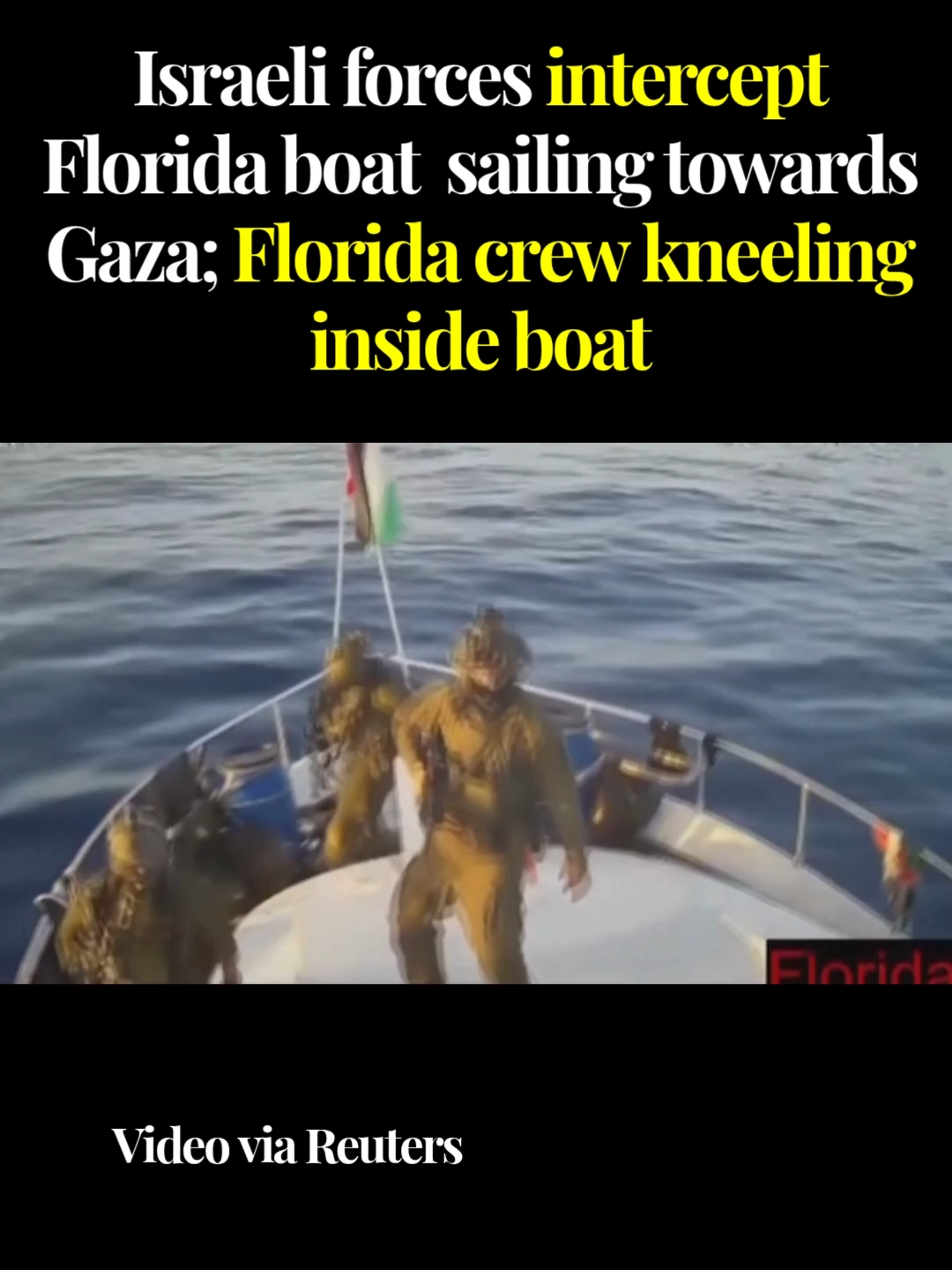Israeli naval forces intercepted Florida, a Global Sumud Flotilla boat, on what is said to be on Thursday. Live footage from the Global Sumud Flotilla showed Israeli naval forces personnel pointing guns at Florida ship's crew as they knelt and held their hands up. Israeli personnel are also seen moving the surveillance camera. #DawnToday