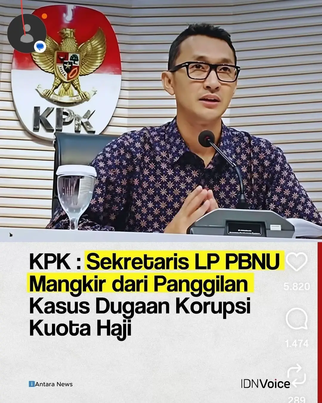 Search monitorday monitorday NewsSekretaris LP PBNU Mangkir, KPK Geram!Natsir AmirPublished 2 weeks ago on 16/09/2025By Natsir Amir ShareTweet Monitorday.com – Komisi Pemberantasan Korupsi (KPK) menyatakan Sekretaris Lembaga Perekonomian Pengurus Besar Nahdlatul Ulama (LP PBNU) Zainal Abidin tidak hadir dalam pemanggilan pemeriksaan saksi terkait dugaan korupsi penentuan kuota dan penyelenggaraan ibadah haji di Kementerian Agama (Kemenag) pada 2023–2024. Pemanggilan dijadwalkan pada 4 September 2025, namun Zainal mangkir tanpa alasan yang disampaikan ke penyidik. “Yang bersangkutan tidak hadir ya dalam pemeriksaan itu,” ujar Juru Bicara KPK Budi Prasetyo di Gedung Merah Putih KPK, Jakarta, Senin (15/9/2025). Akibat ketidakhadiran tersebut, KPK belum bisa menyampaikan materi pemeriksaan terkait kapasitas Zainal Abidin. Ia diketahui memiliki dua jabatan strategis, yakni sebagai Sekretaris LP PBNU dan Komisaris PT Sucofindo (Persero). Pada pemanggilan itu, Zainal berstatus sebagai saksi. KPK sebelumnya telah resmi mengumumkan penyidikan perkara dugaan korupsi kuota haji pada 9 Agustus 2025, usai memeriksa mantan Menteri Agama Yaqut Cholil Qoumas dalam tahap penyelidikan dua hari sebelumnya. Dari hasil komunikasi dengan Badan Pemeriksa Keuangan (BPK) RI, KPK memperkirakan kerugian negara mencapai lebih dari Rp1 triliun. Sebagai langkah pencegahan, lembaga antirasuah juga telah mencegah tiga orang bepergian ke luar negeri, termasuk Yaqut. #tangkapyaqut ##koruptor #bersihkanNU #selamatkannu #ganyangkoruptor 