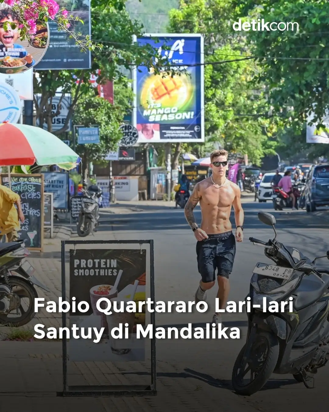 Pembalap Monster Energy Yamaha, Fabio Quartararo, tampil santai bertelanjang dada saat lari pagi di Mandalika. Fabio Quartararo berlari di jalanan Desa Kuta, Mandalika, Lombok Tengah, NTB, Kamis (2/10/2025). Baca berita menarik lainnya hanya di detik.com ! Foto: ANTARA FOTO/Ahmad Subaidi Creator: Jo #motogpmandalika #motogp #mandalika #fabioquartararo #detikcom 