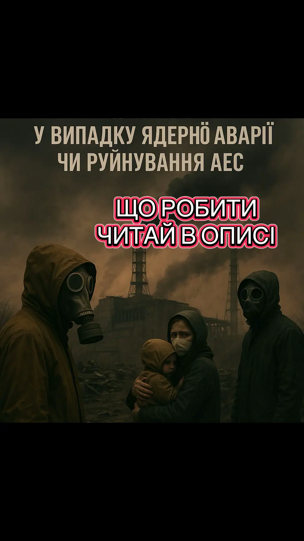 Я підготувала покрокову інструкцію на випадок надзвичайної ситуації з вибухом чи пошкодженням ядерних об’єктів (Чорнобиль, Запорізька АЕС, саркофаг). Це — орієнтовний алгоритм цивільного захисту, який допоможе знизити ризики для здоров’я та життя. ⸻ 🔴 1. Одразу після повідомлення про аварію 	•	Не панікуйте. Чітко виконуйте офіційні інструкції (ДСНС, уряд, місцева влада). 	•	Увімкніть офіційні джерела інформації: радіо, телеграм-канали ДСНС, офіційні новини. 	•	Залишайтесь у приміщенні — головне правило. ⸻ 🔴 2. Захист у приміщенні 	•	Закрийте всі вікна, двері, вентиляційні отвори. Загерметизуйте щілини скотчем або мокрими тканинами. 	•	Вимкніть кондиціонери та вентиляцію. 	•	Перейдіть у внутрішню кімнату або підвал (чим далі від зовнішніх стін — тим краще). 	•	Створіть запас чистої води (напійної та для гігієни) у закритій тарі. ⸻ 🔴 3. Захист організму 	•	Йодна профілактика (тільки за офіційним повідомленням!). 	•	Калію йодид приймається лише після підтвердження підвищення рівня радіації і в рекомендованій дозі (не “про всяк випадок”). 	•	Одяг. Якщо доведеться вийти на вулицю: 	•	Одягніть максимально закритий одяг (куртка з капюшоном, головний убір, рукавички). 	•	Використайте респіратор або щільну тканину, змочену водою. 	•	Повернувшись у приміщення: зніміть одяг у передпокої, запакуйте його в поліетилен. Прийміть душ, ретельно вимийте волосся, тіло, нігті. ⸻ 🔴 4. Харчування 	•	Вживайте тільки закриті продукти (банки, паковання, запаси). 	•	Не пийте молоко, воду з відкритих джерел, не їжте свіжі овочі чи зелень — вони можуть бути заражені. 	•	Використовуйте лише запаси води та їжі з герметичної упаковки. ⸻ 🔴 5. Подальші дії 	•	Слідкуйте за офіційними повідомленнями. 	•	Якщо буде наказ про евакуацію — дійте негайно, беручи лише необхідне: 	•	документи, 	•	гроші, 	•	воду, їжу на 1–2 дні, 	•	аптечку, 	•	змінний одяг. 	•	Використовуйте транспорт із закритими вікнами, вентиляцію не вмикайте. 	•	Дотримуйтесь визначених маршрутів евакуації. ⸻ 🔴 6. Довгостроковий захист 	•	Протягом перших тижнів після аварії особливо уникайте молочних і зелених продуктів з відкритої місцевості. 	•	Стежте за станом здоров’я, при перших симптомах (нудота, блювання, слабкість, виражене почервоніння шкіри) зверніться до лікаря. 	•	Якщо є можливість — переїдьте тимчасово у регіони, віддалені від зони ураження. ⸻ ✅ Підсумок: головне — захистити дихальні шляхи, шкіру, уникати заражених продуктів і води, залишатися в укритті та слухати офіційні джерела.