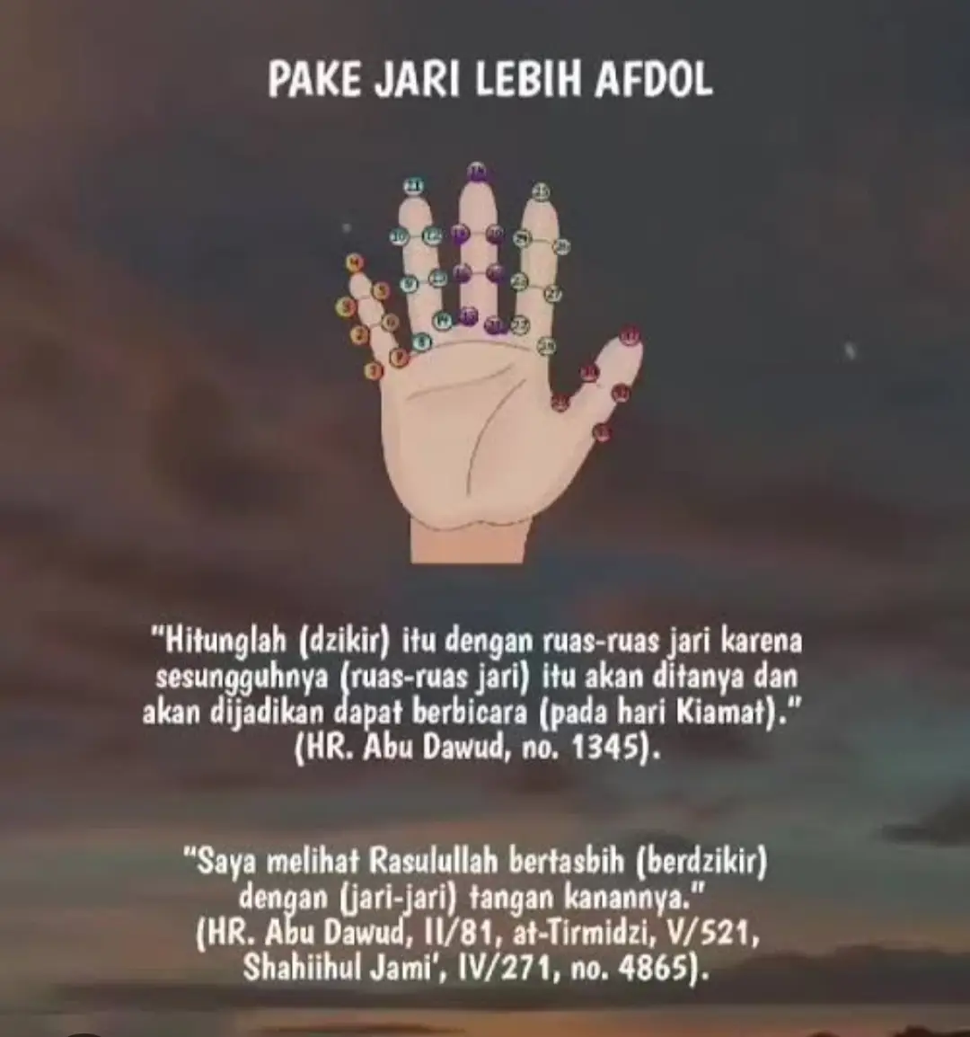 Dzikir dengan jari tangan (terutama tangan kanan) adalah salah satu cara yang diajarkan dan dipraktikkan oleh Rasulullah ﷺ, dan banyak ulama menganggapnya lebih afdhol (utama) dibandingkan menggunakan alat bantu seperti tasbih. Berikut penjelasannya: 🕌 Hadits Tentang Dzikir dengan Jari Dari Yusairah, seorang wanita dari kalangan Muhajirin, Nabi ﷺ bersabda: 