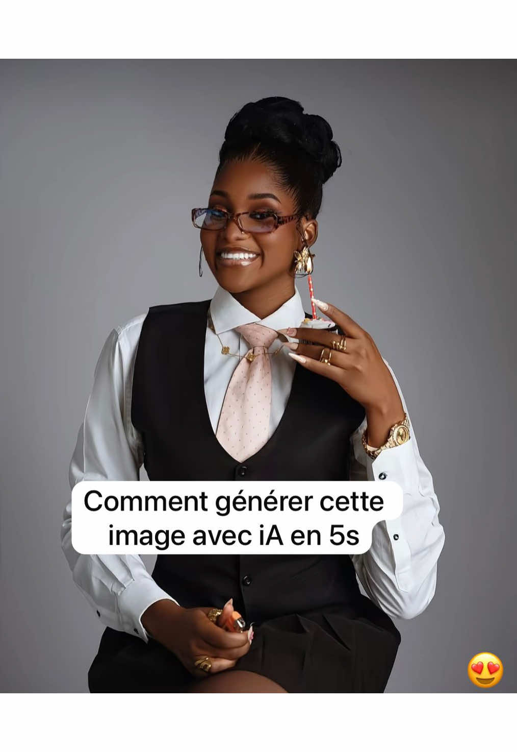 Gemini photo  Prompt : En utilisant ma photo comme référence exacte sans modification, crée un Portrait photoréaliste haute résolution d’une jeune femme noire élégante assise en studio sur fond gris neutre lisse. Peau chaude et profonde, coiffure en chignon haut tressé avec baby hairs lissés, regard confiant et sourire chaleureux montrant les dents. Elle porte des lunettes rectangulaires écaille légèrement teintées, une chemise blanche impeccable à poignets mousquetaires, un gilet/waistcoat noir cintré boutonné et une cravate en soie rose pâle à petits pois. Bijoux visibles : larges boucles d’oreilles dorées sculpturales, plusieurs bagues dorées fines, montre dorée au poignet gauche, délicat collier/chaînette doré au col. Ongles longs en forme amande, vernis nude. Dans la main droite, elle tient un petit cupcake à glaçage blanc avec une petite bougie rose et blanche allumée proche du visage ; la main gauche tient un briquet posé sur les genoux. Pose légèrement de trois-quarts vers l’appareil, épaules détendues, expression naturelle et fière. Éclairage : studio, softbox principale venant légèrement du haut-gauche, fill light doux à droite, léger rim light pour détacher la chevelure, reflets brillants sur les bijoux et catchlights dans les yeux. Profondeur de champ faible, netteté sur les yeux et le sourire, bokeh crémeux à l’arrière. Style : editorial / fashion magazine, retouche professionnelle mais texture de peau réaliste (pores visibles), détails nets du tissu et des métaux, contraste élégant, couleurs fidèles. Rendu ultra-détaillé, photoréaliste, 4k–8k.